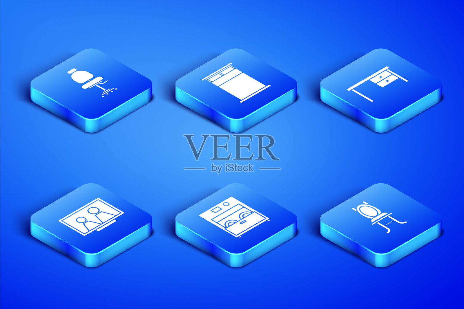 套装椅子，办公椅，厨房洗碗机，桌子上的相框，大床和书桌图标。向量插画图片素材