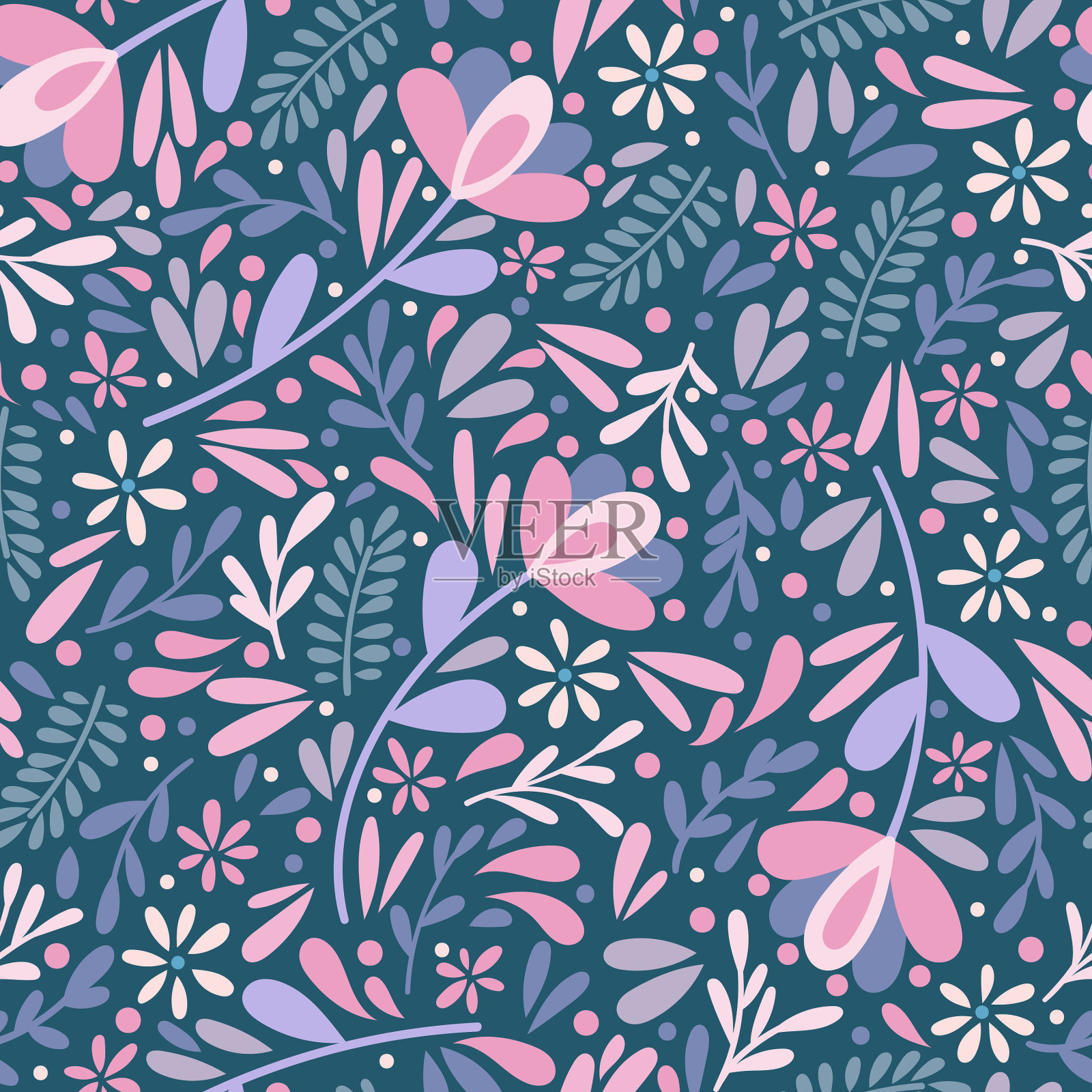 现代深蓝色印花图案与花朵插画图片素材