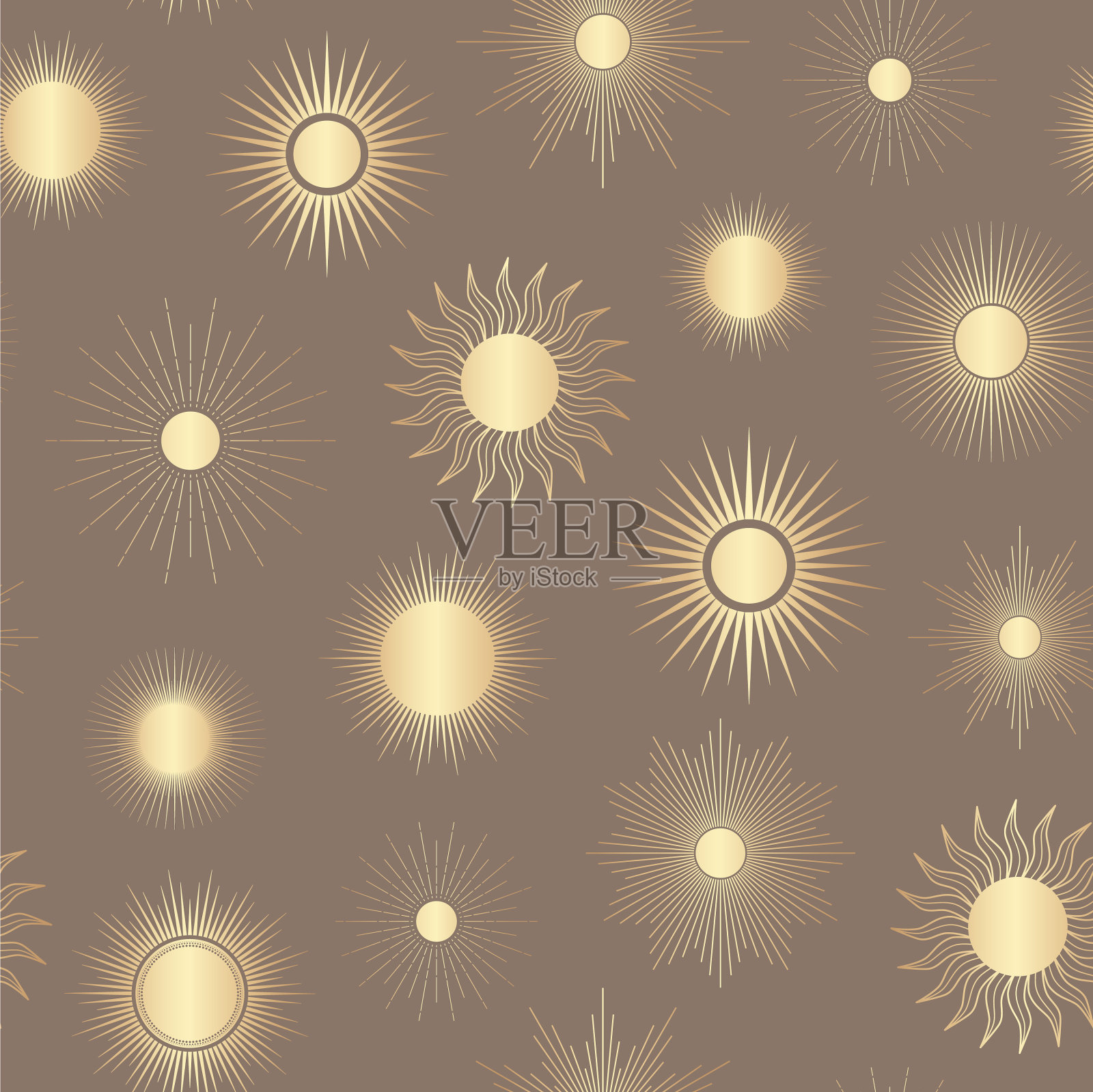 手绘无缝图案的金色太阳插画图片素材