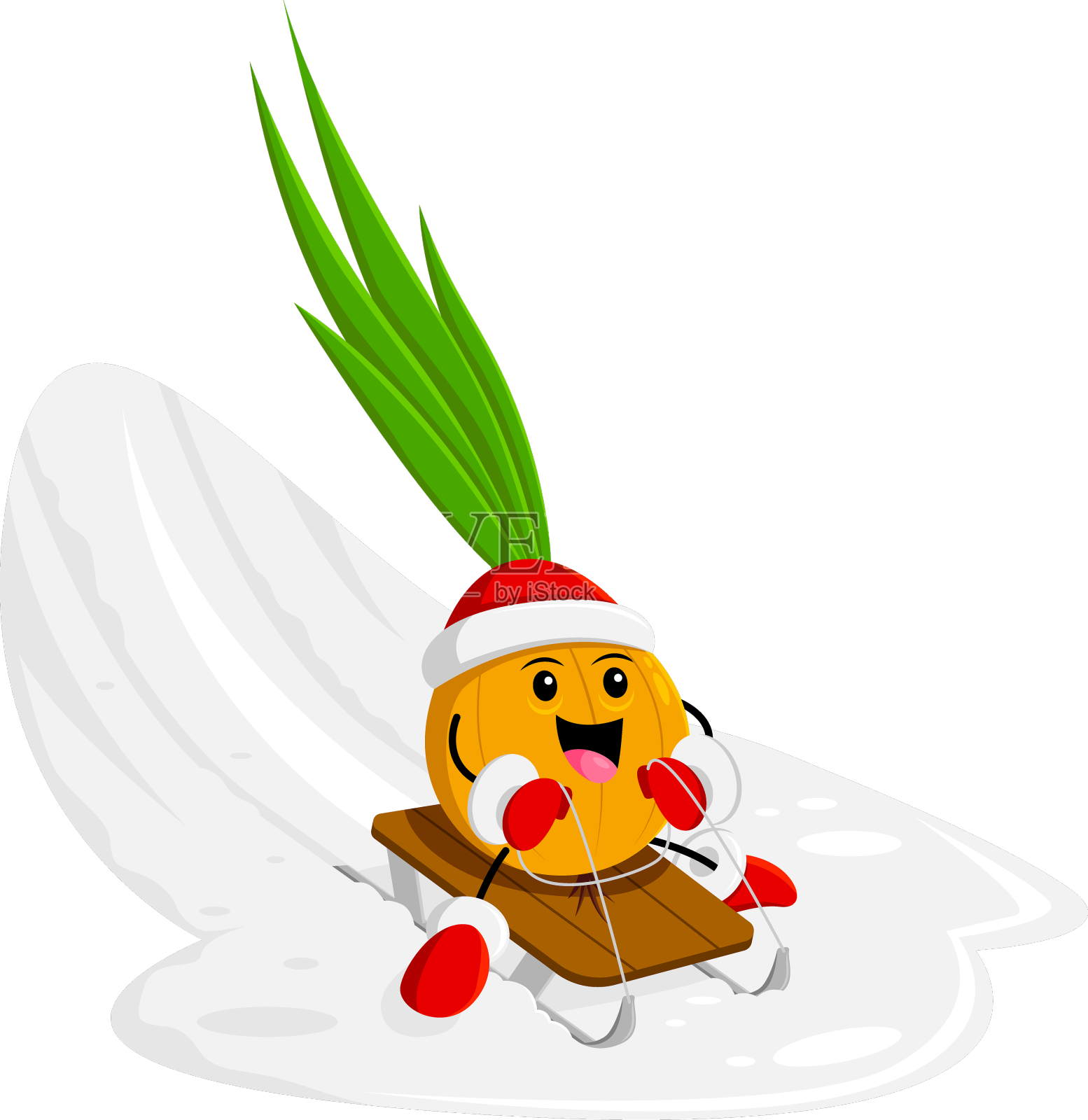卡通洋葱蔬菜角色在雪地上雪橇设计元素图片