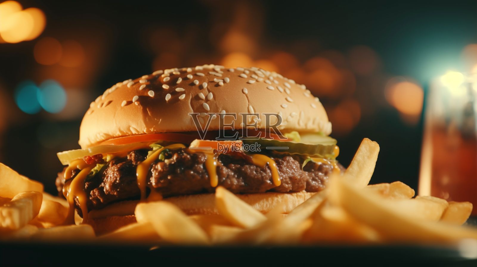 一个汉堡包和薯条放在盘子里，旁边是一杯苏打水照片摄影图片