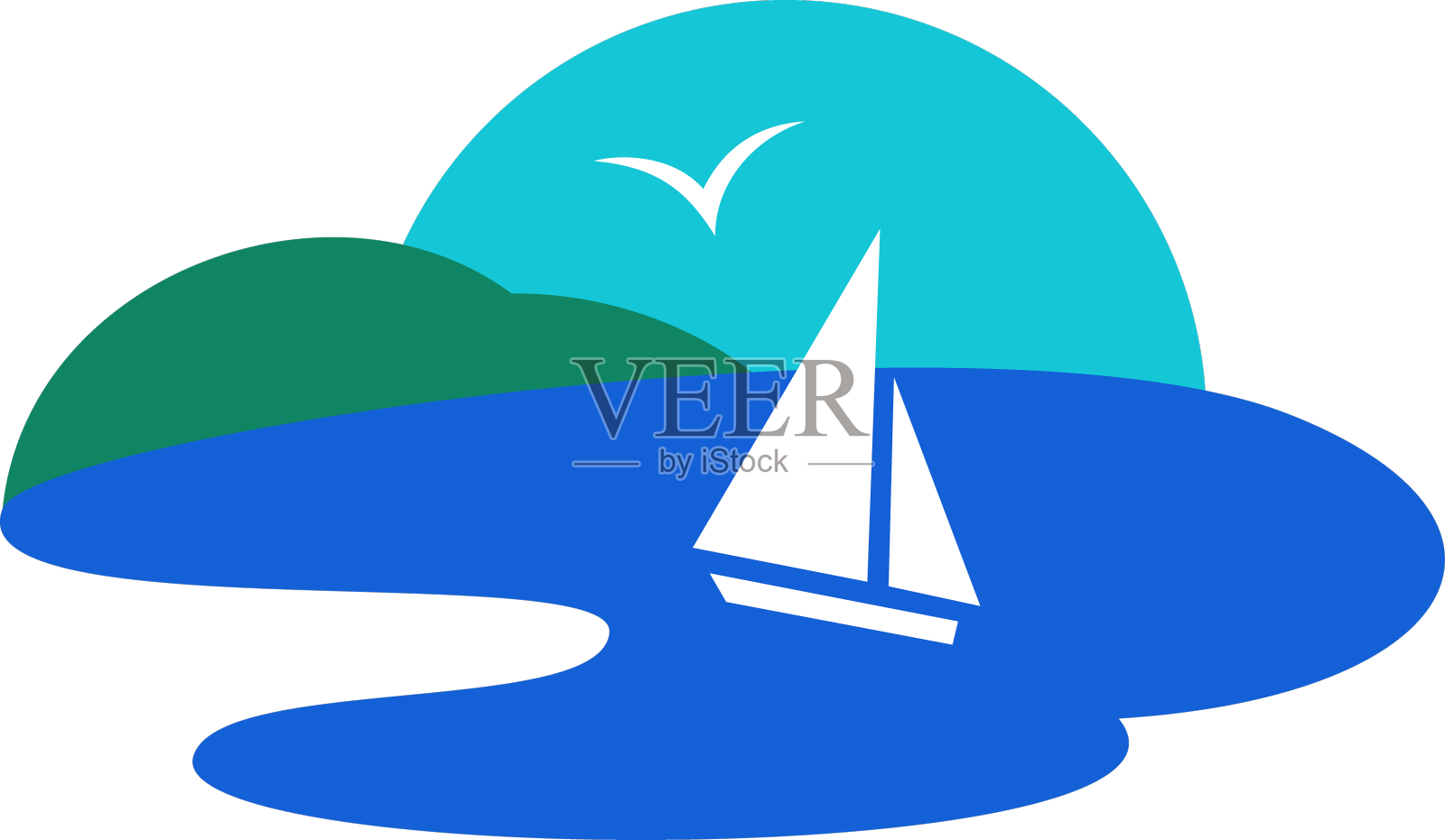 一艘驶向陆地和天空的帆船标志设计元素图片