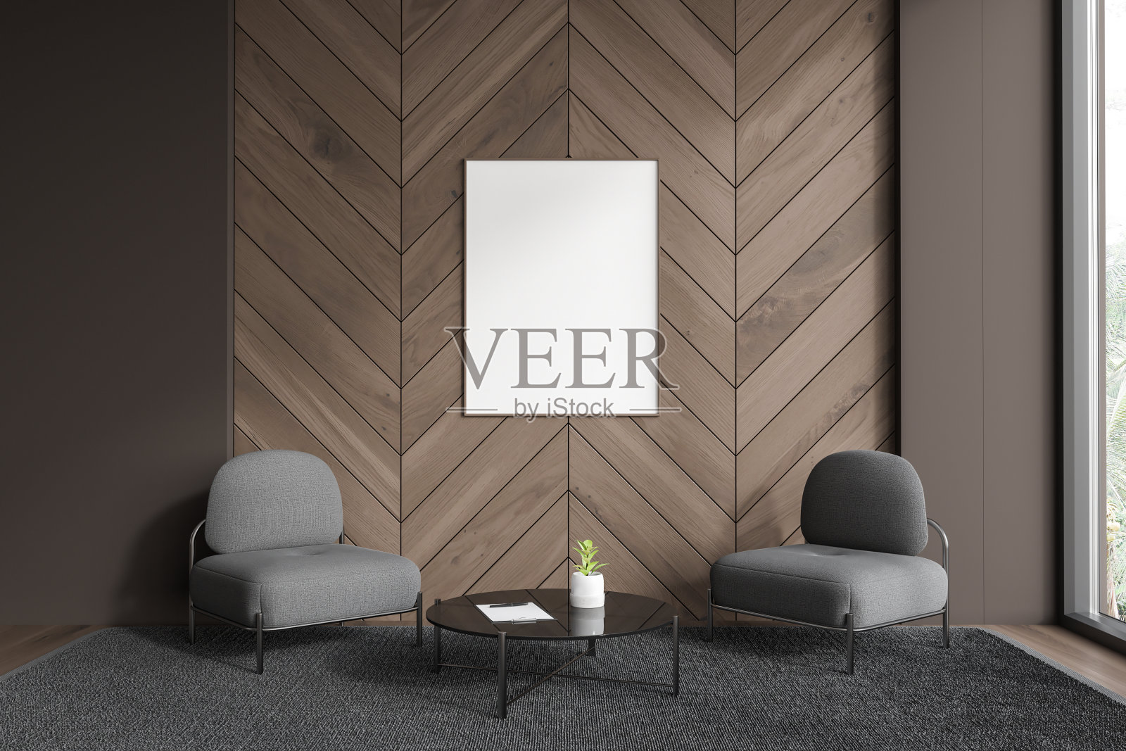 褐色的放松室内扶手椅和靠近窗户的咖啡桌，模拟框架照片摄影图片