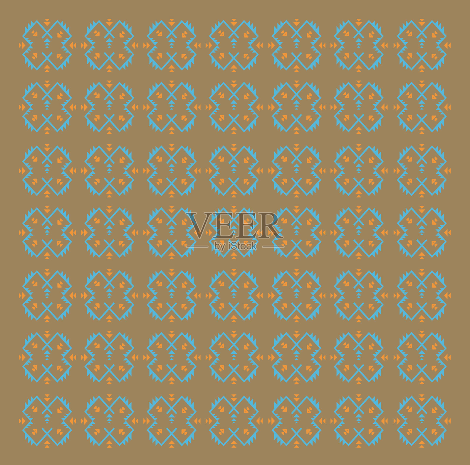 棕色图案纹理上的蓝色阿兹特克装饰插画图片素材