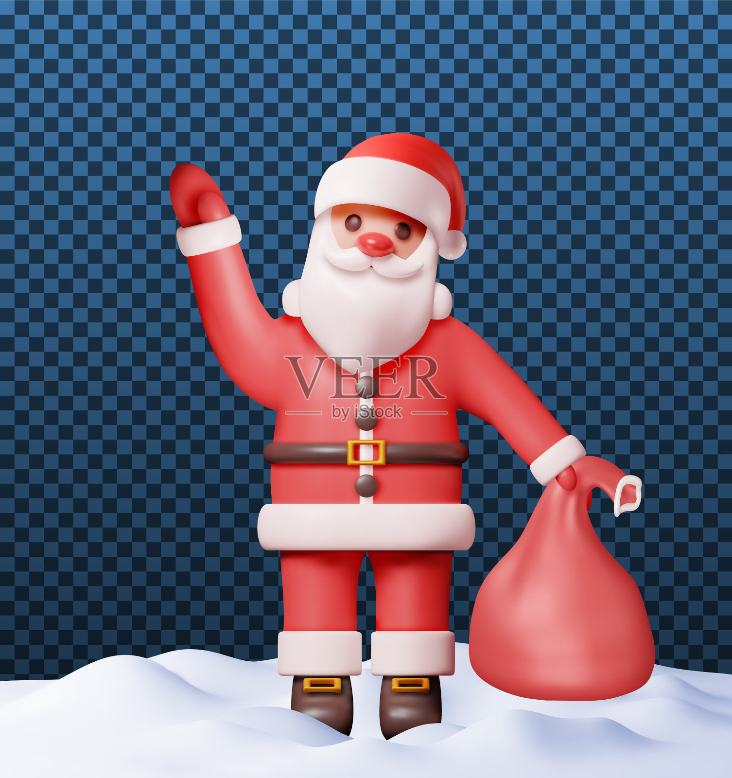 3d圣诞老人角色与礼物袋在雪插画图片素材
