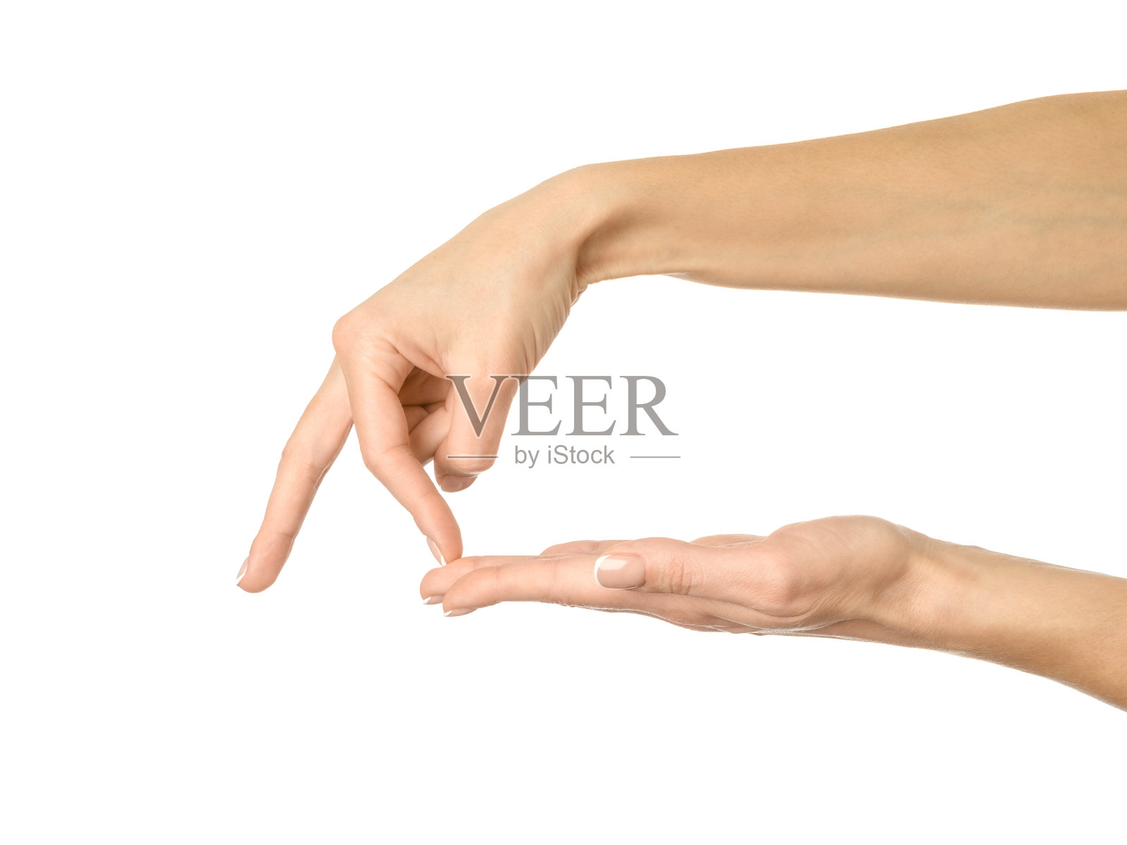 走向深渊。女人的手势孤立在白色上照片摄影图片