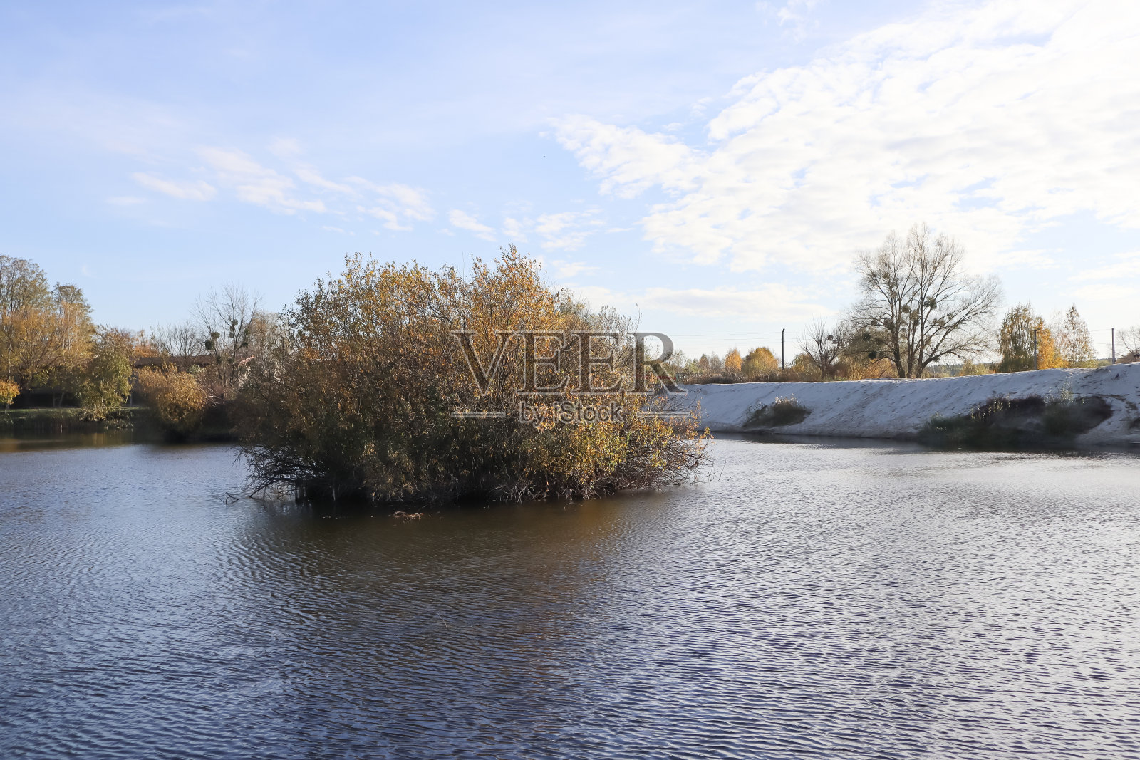 有湖泊和树木的景观。照片摄影图片