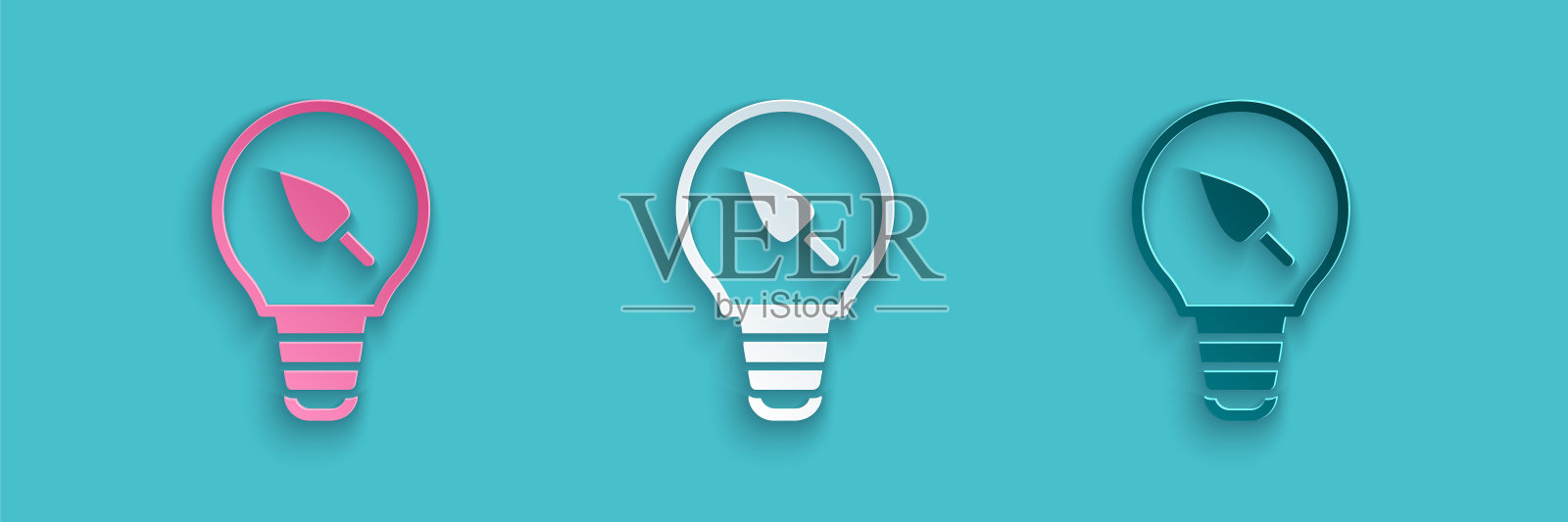 剪纸灯泡与叶片图标隔离在蓝色背景。生态能源理念。替代能源概念。纸艺风格。向量插画图片素材