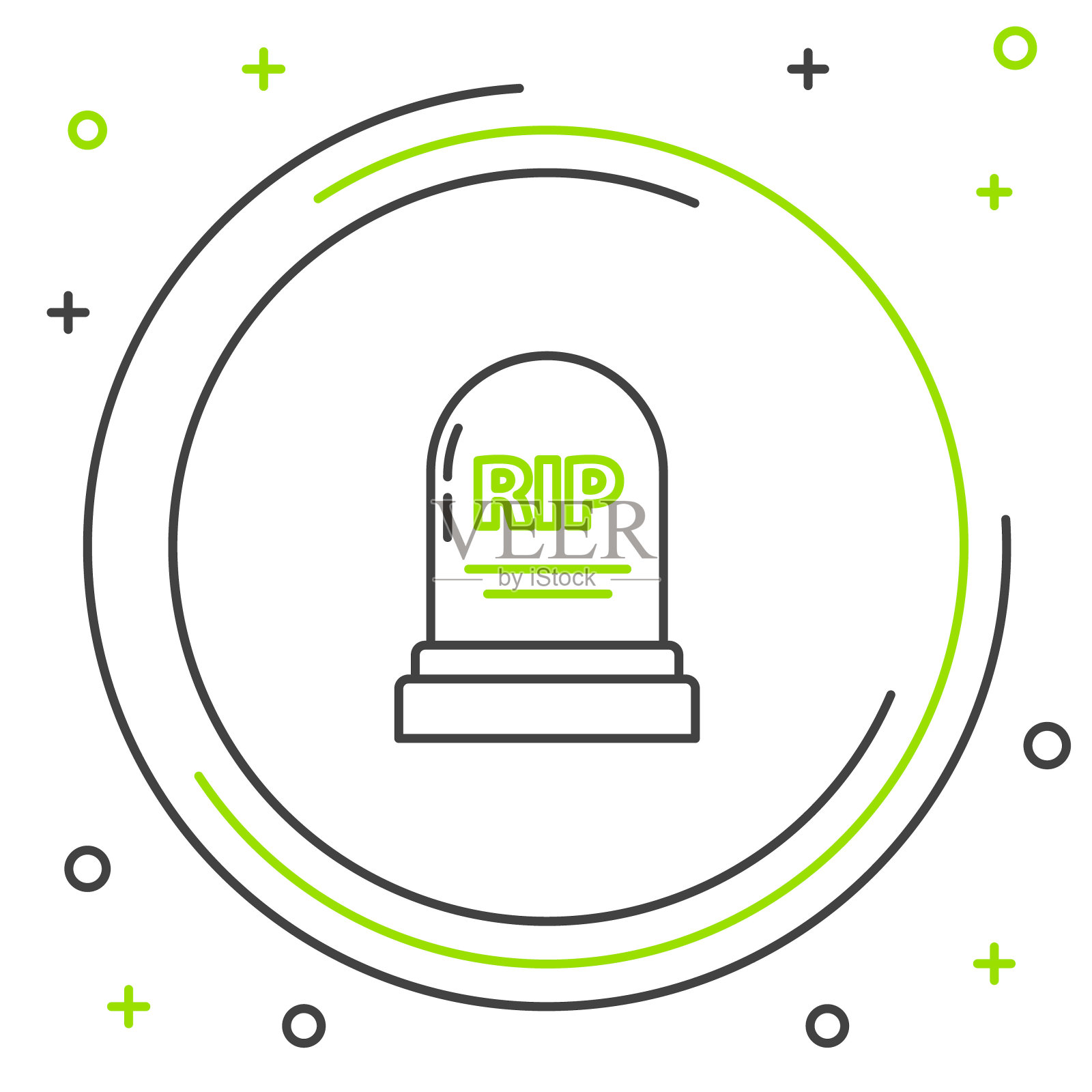 黑色和绿色的线墓碑与RIP写在它的图标隔离在白色背景。严重的图标。色彩缤纷的轮廓概念。矢量图插画图片素材