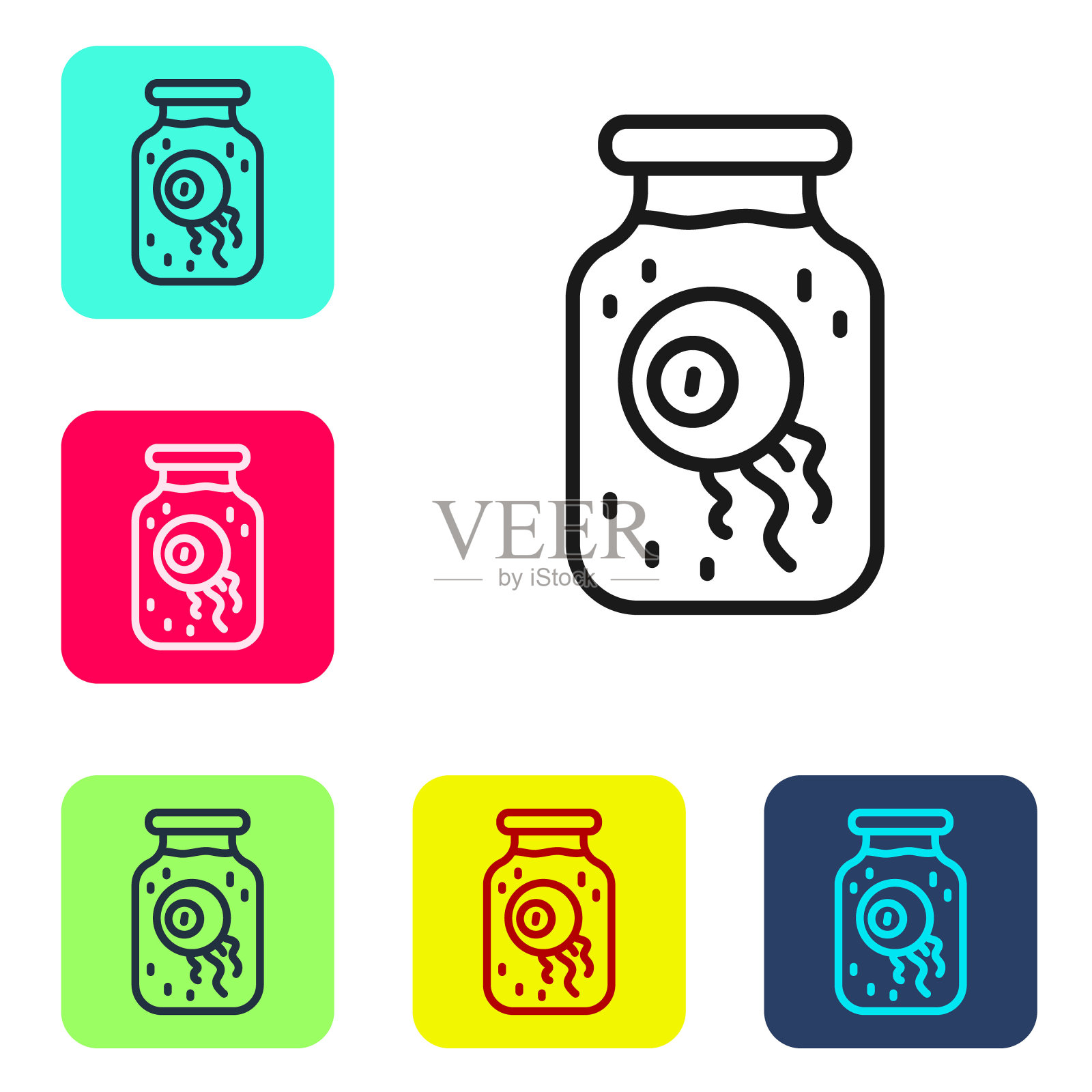 黑线眼在一个罐子图标孤立的白色背景。万圣节派对快乐。设置图标为彩色方形按钮。向量插画图片素材