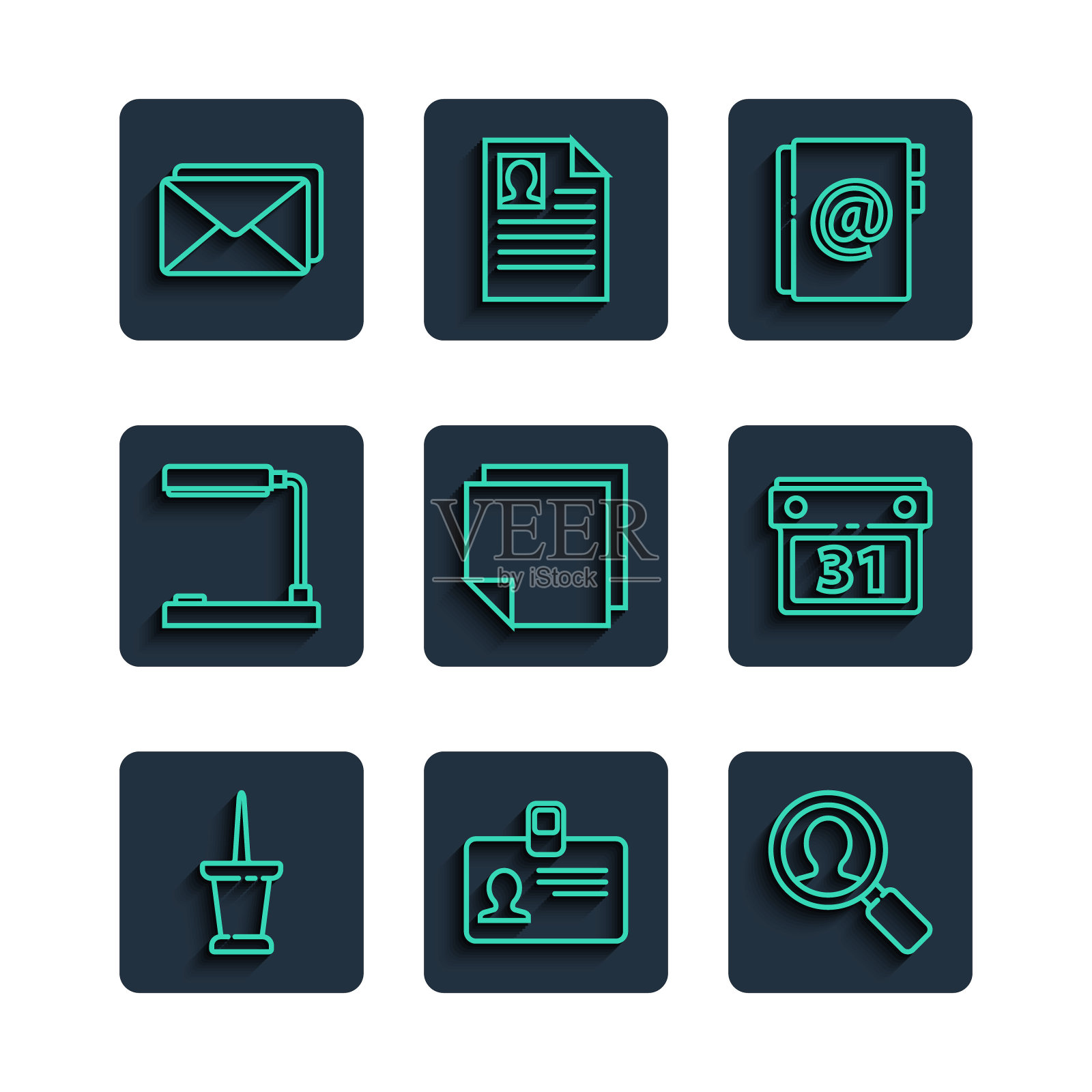 设置线推销，识别徽章，放大镜搜索的人，地址簿，便签贴纸，台灯，信封和日历图标。向量插画图片素材