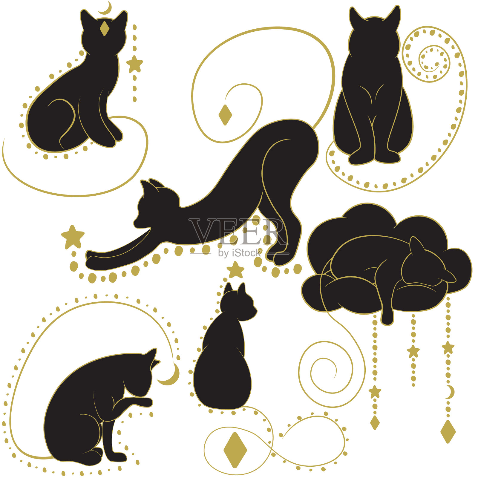 一组不同姿势的漂亮猫，以涂鸦的风格手绘插画图片素材