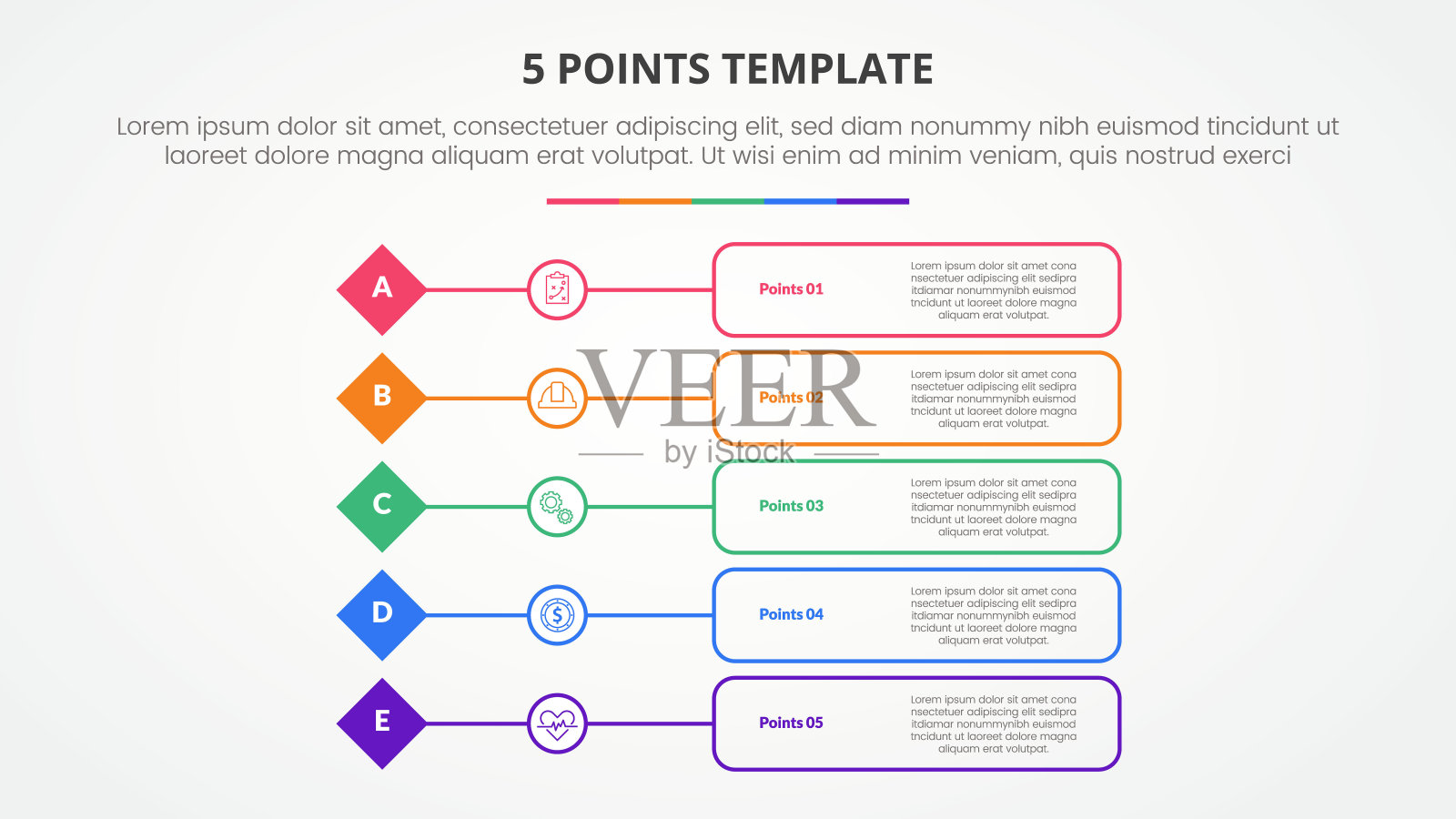 5点舞台模板信息图表概念与钻石形状的幻灯片演示与轮廓框描述与5点列表与平面风格插画图片素材