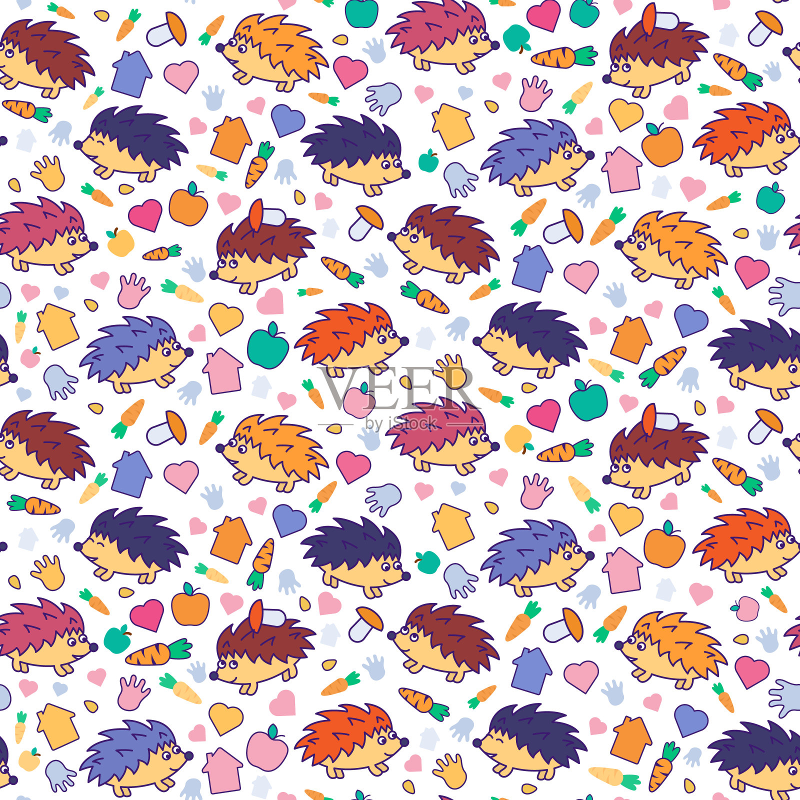 有趣的刺猬宠物和食物无缝图案插画图片素材