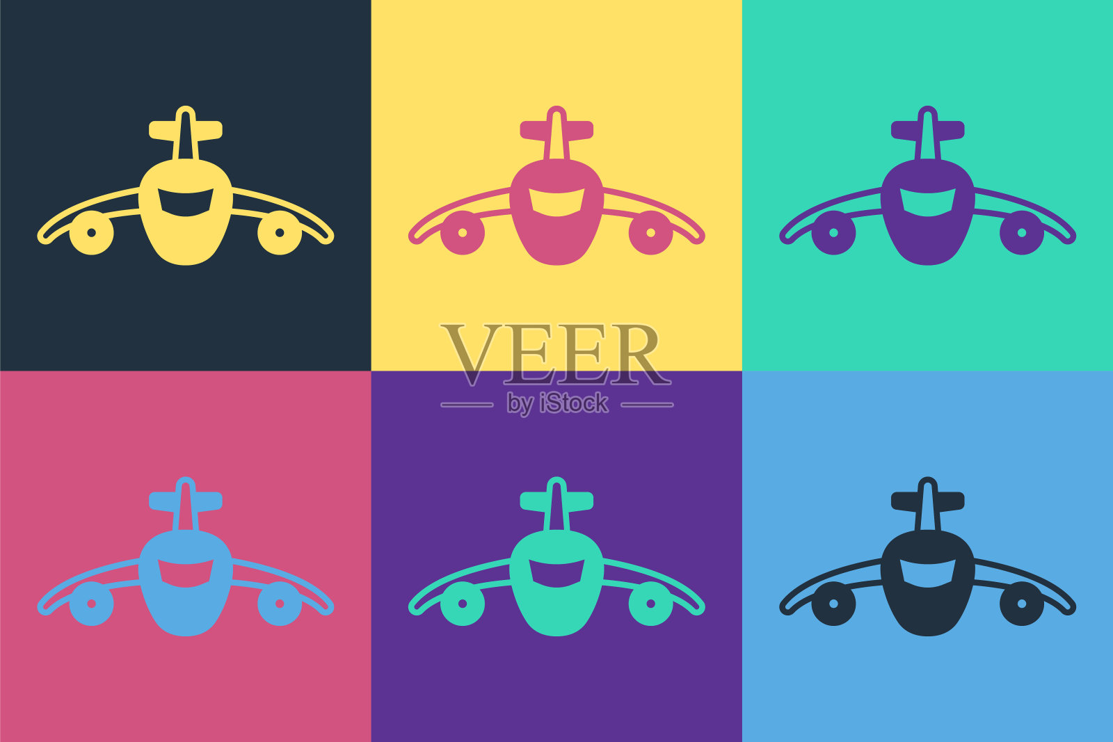 波普艺术平面图标孤立的颜色背景。飞行的飞机图标。客机的迹象。向量插画图片素材