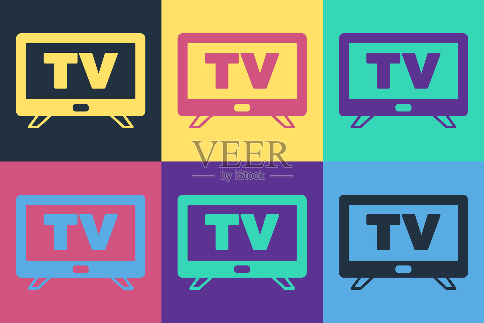 流行艺术智能电视图标孤立的彩色背景。电视信号。向量插画图片素材