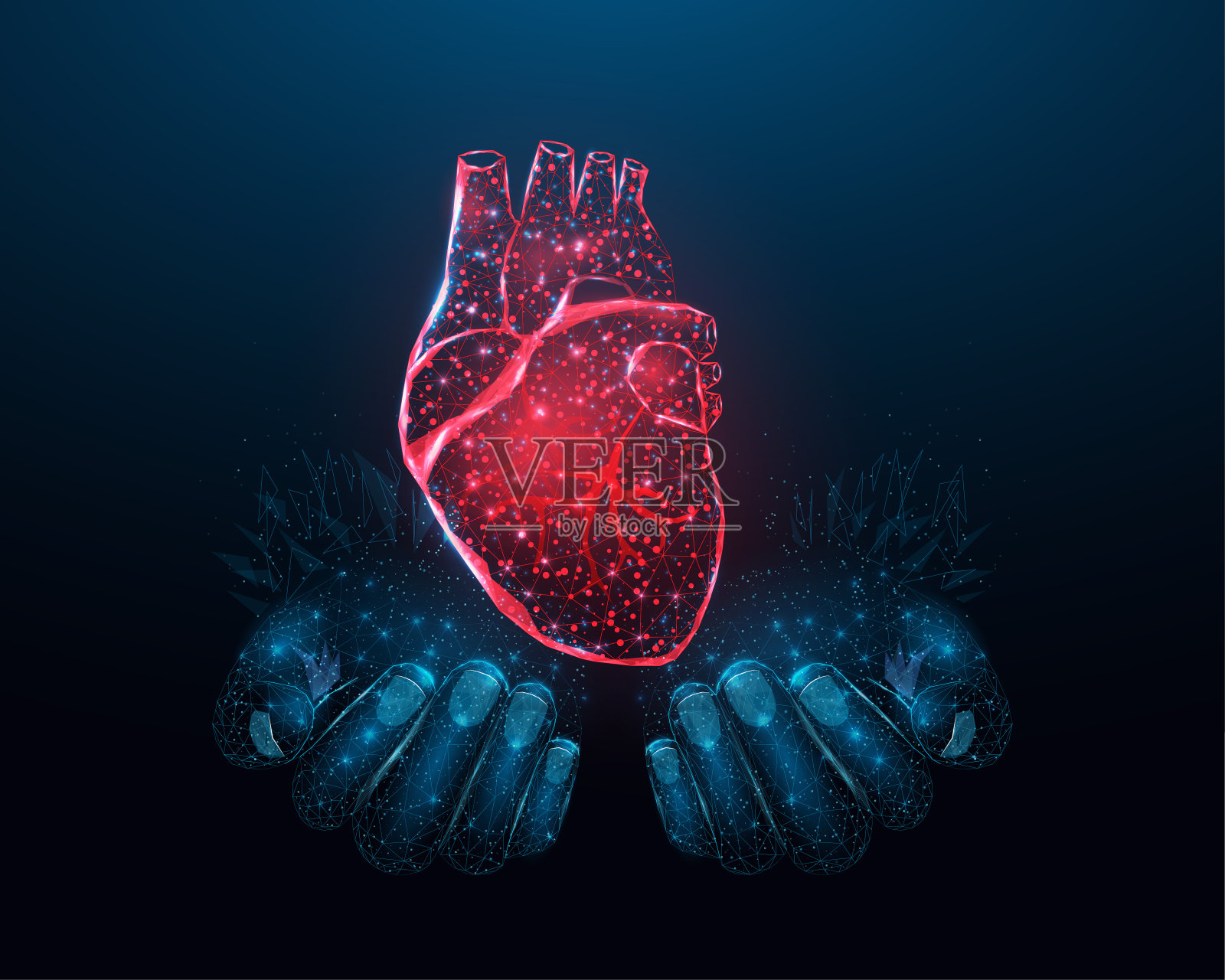 红色的心。线框发光低聚心。深蓝色背景设计。抽象的未来主义矢量插图。插画图片素材
