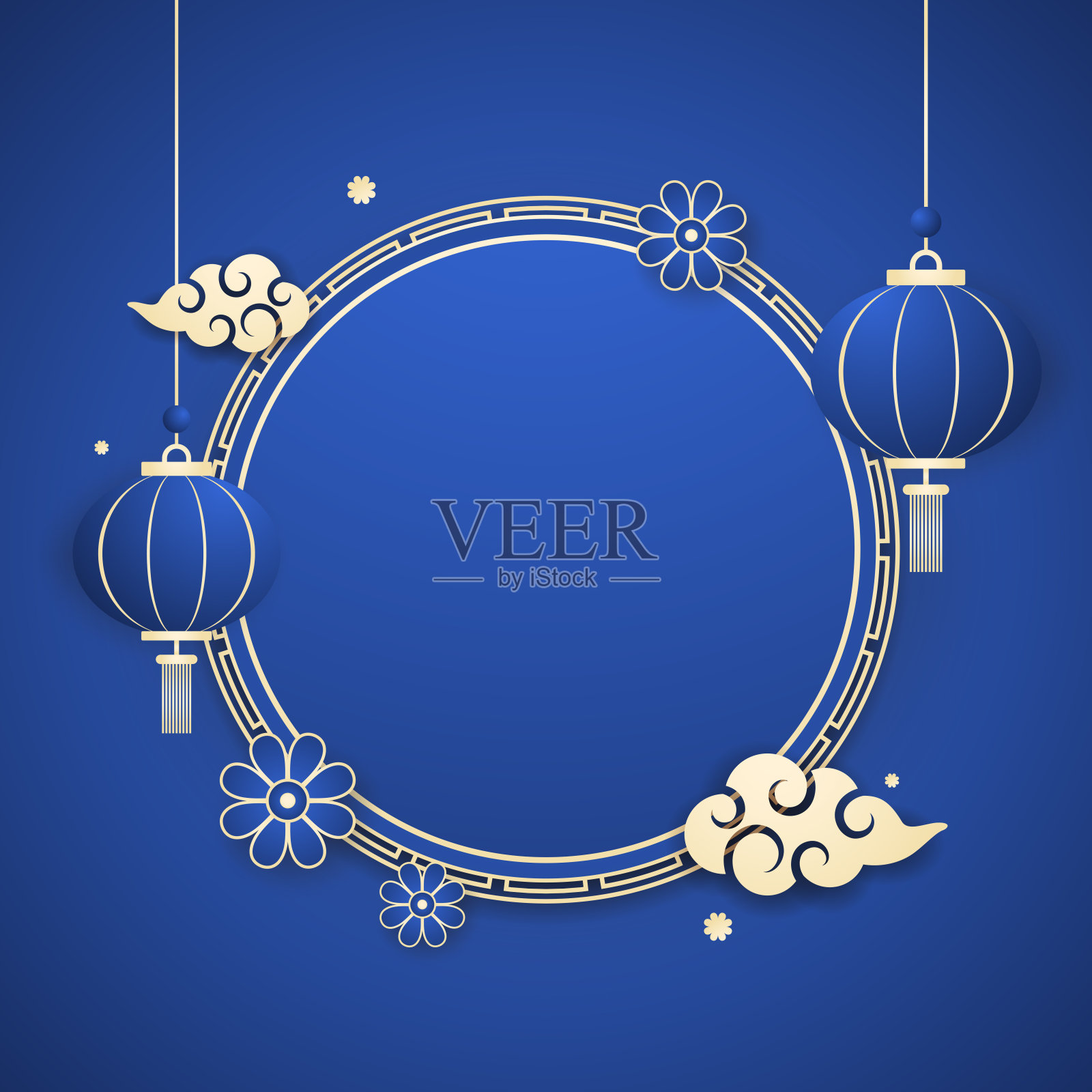 祝大家2024年春节快乐。中国新年横幅与圆圈显示产品。贺卡。蓝色背景的中国灯笼框架。插画图片素材