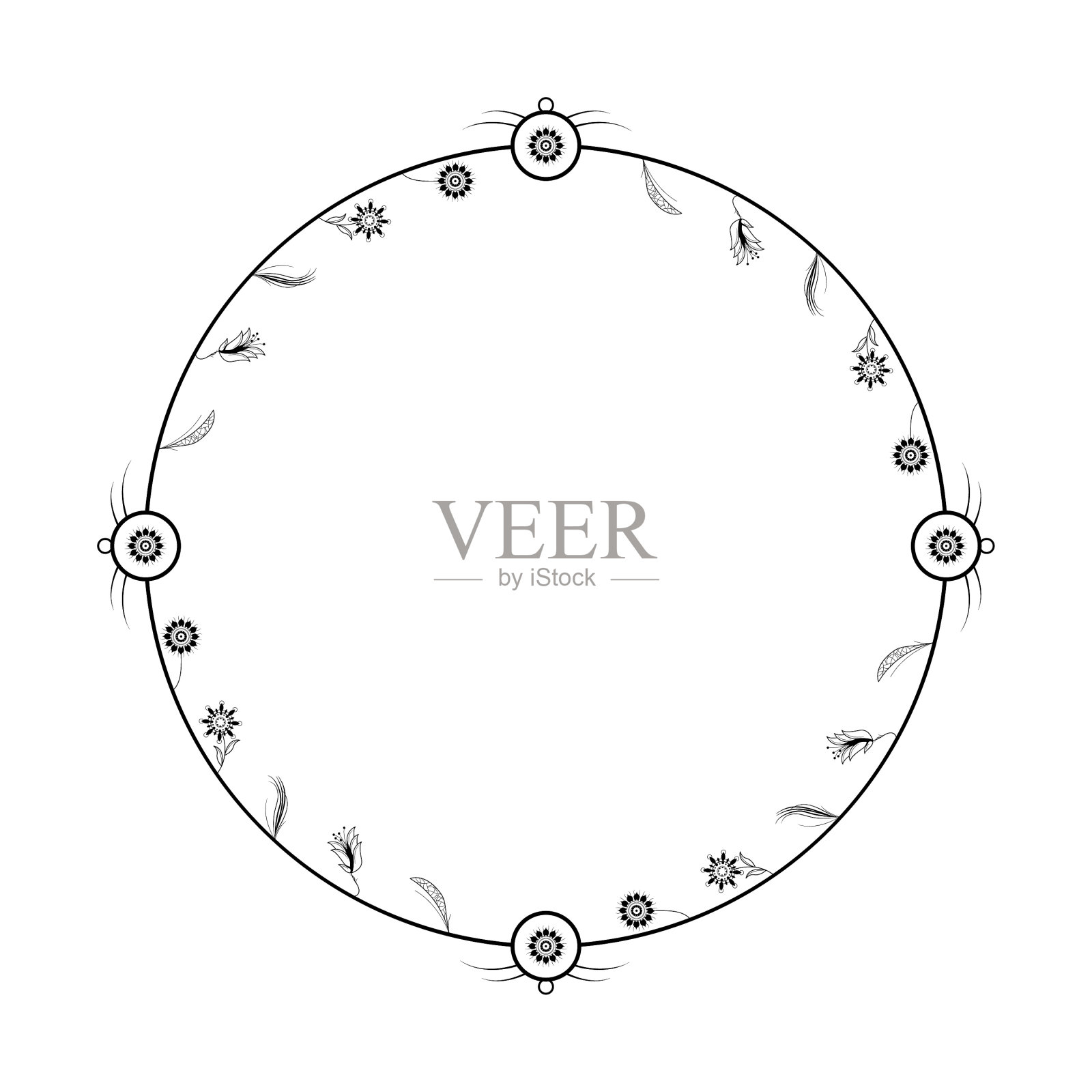 抽象黑色简单线条圆形与叶子叶子框架花涂鸦轮廓元素矢量设计风格素描孤立的插图婚礼和横幅插画图片素材