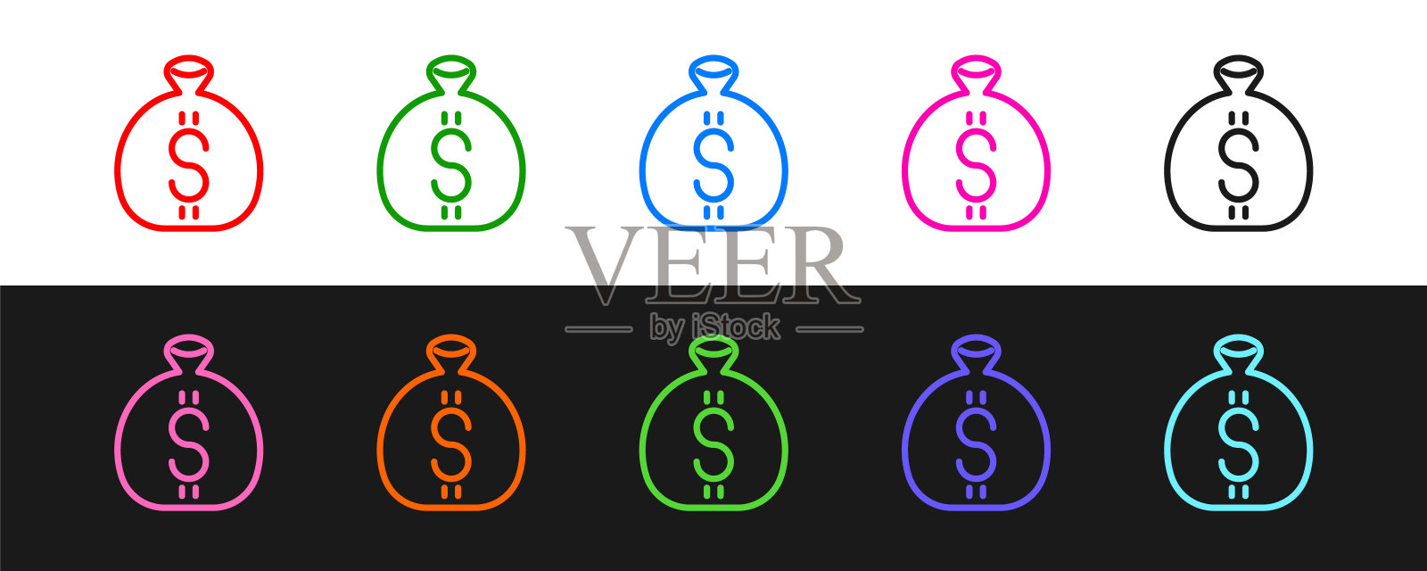 设置线钱袋图标孤立的黑色和白色的背景。美元或USD符号。现金银行货币标志。向量插画图片素材