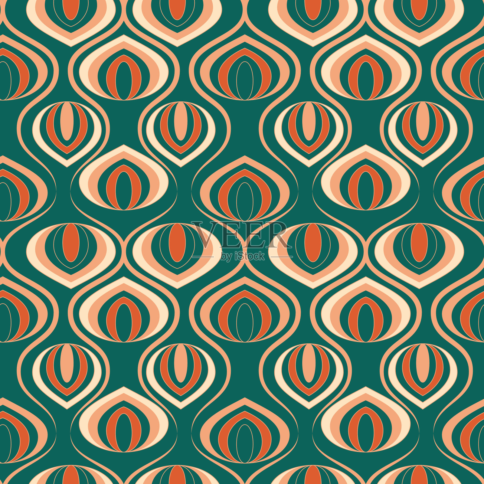 矢量无缝图案与几何形状的复古现代风格。抽象背景在60年代，70年代复古风格的绿色，蓝色，棕色，米色插画图片素材