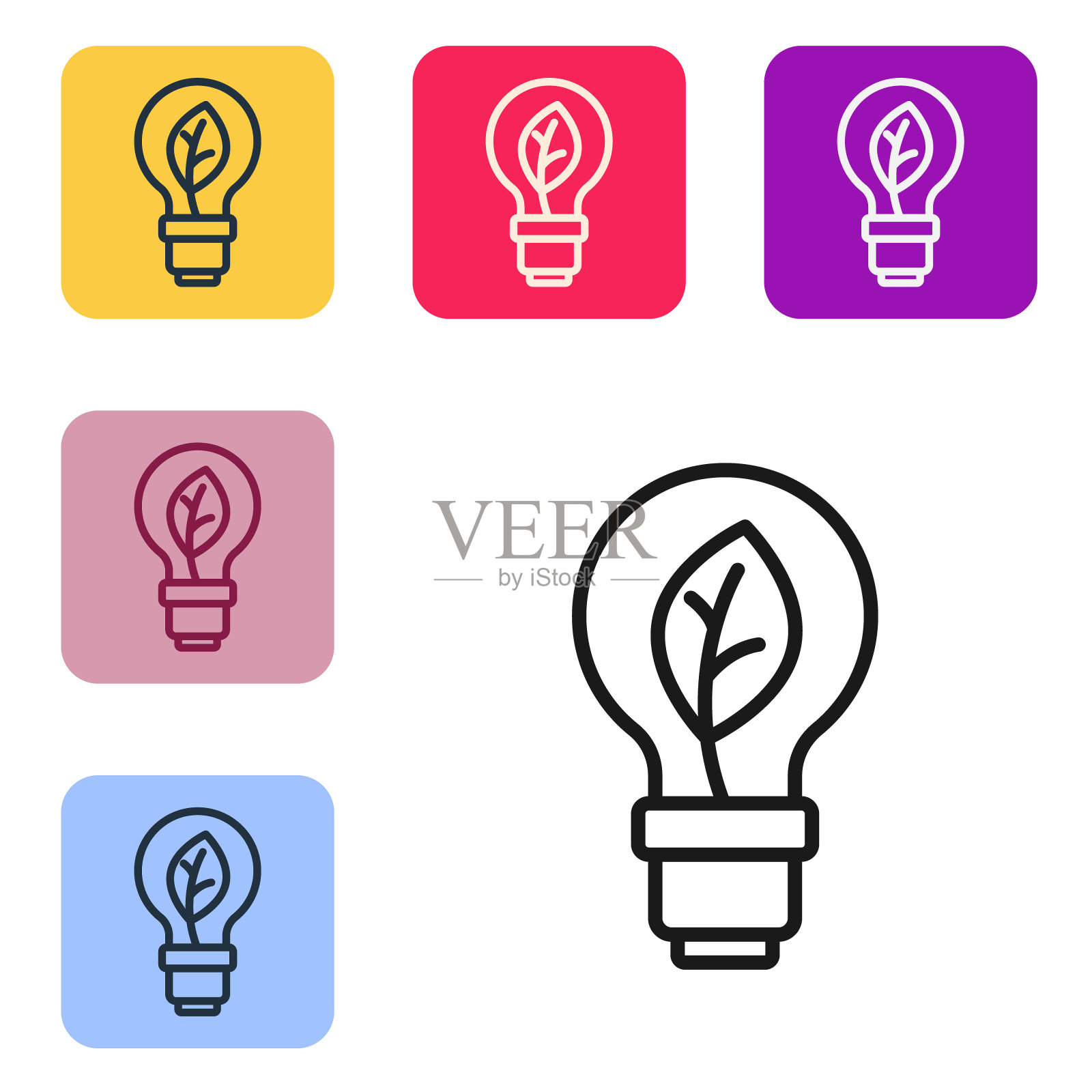 黑线灯泡与叶图标孤立在白色背景。生态能源理念。替代能源概念。设置图标为彩色方形按钮。向量插画图片素材