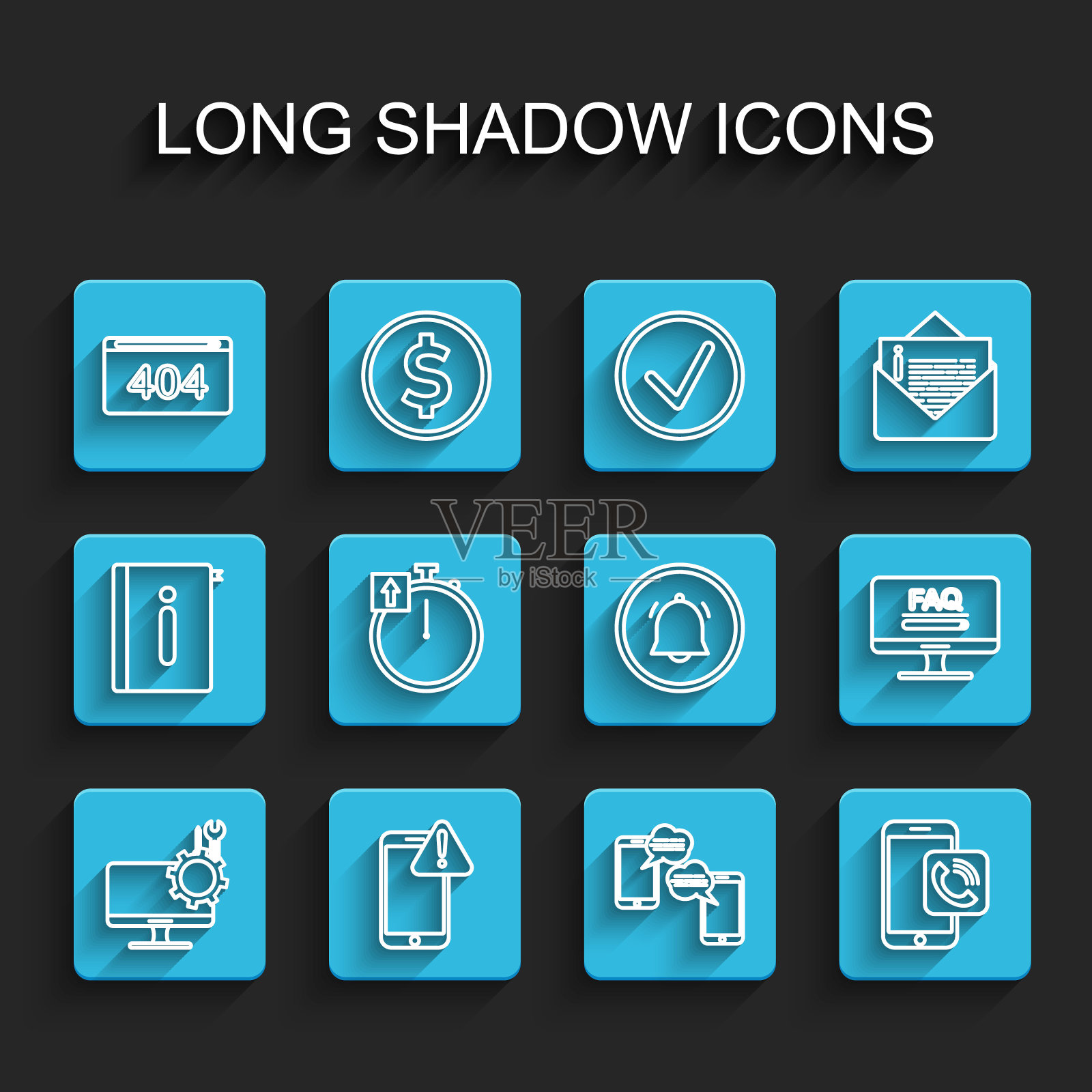 设置行电脑监控服务，手机带感叹号，页面404错误，手机聊天消息，电话通话，秒表，监控常见问题信息和按钮聊天通知图标。向量插画图片素材