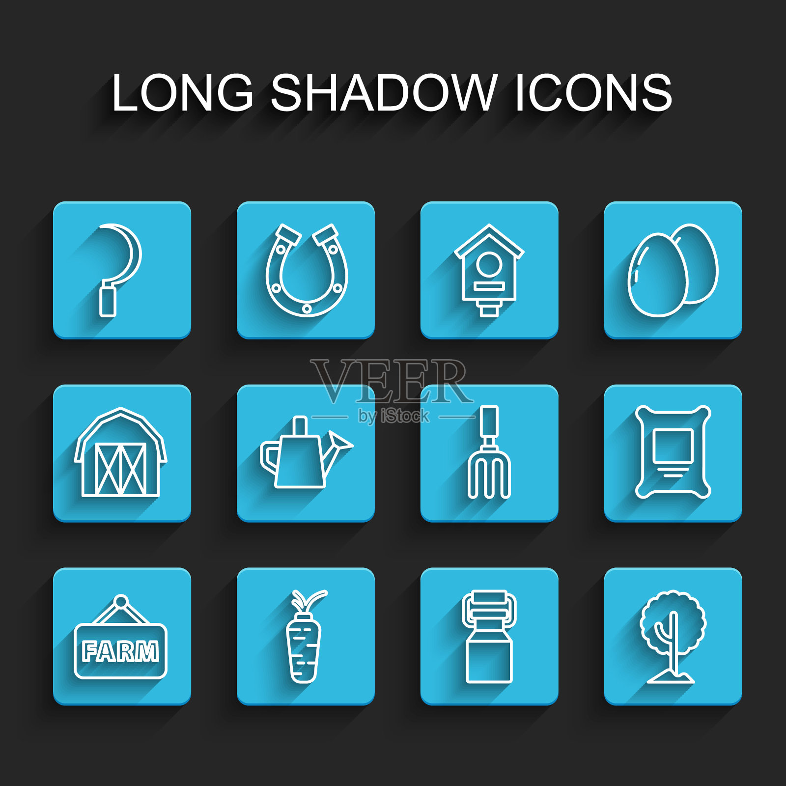 设置线招牌与文本农场，胡萝卜，镰刀，牛奶罐容器，树，洒水罐，化肥袋和花园耙图标。向量插画图片素材