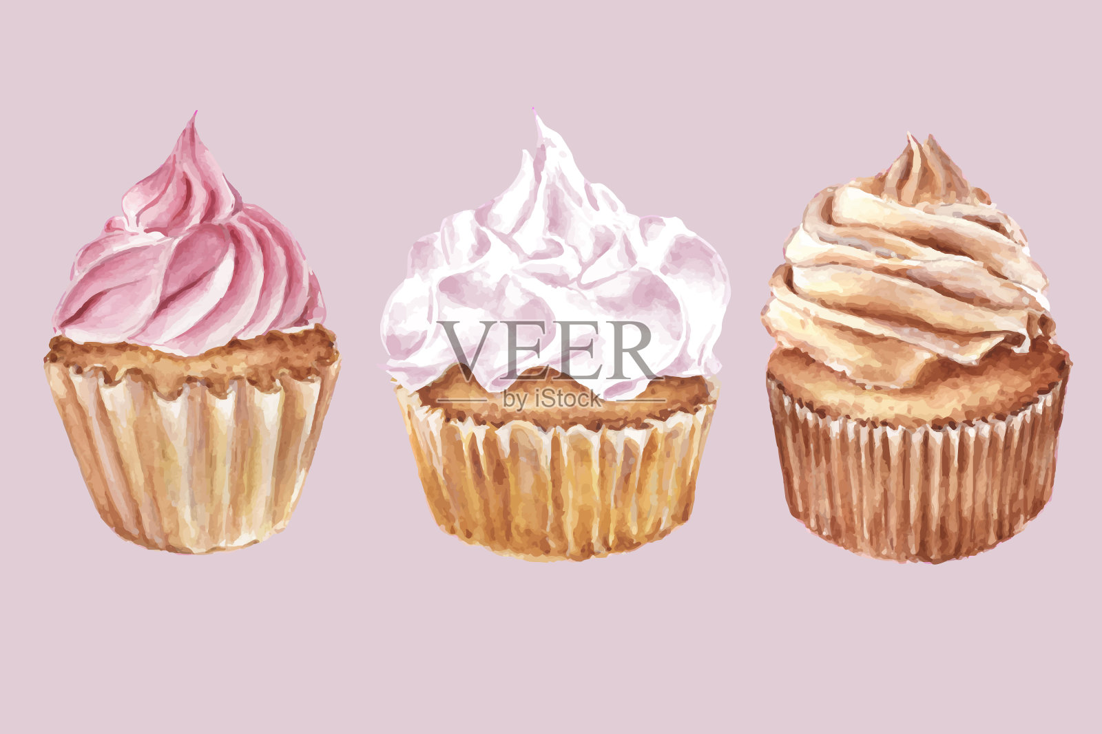 水彩纸杯蛋糕套装。插画图片素材