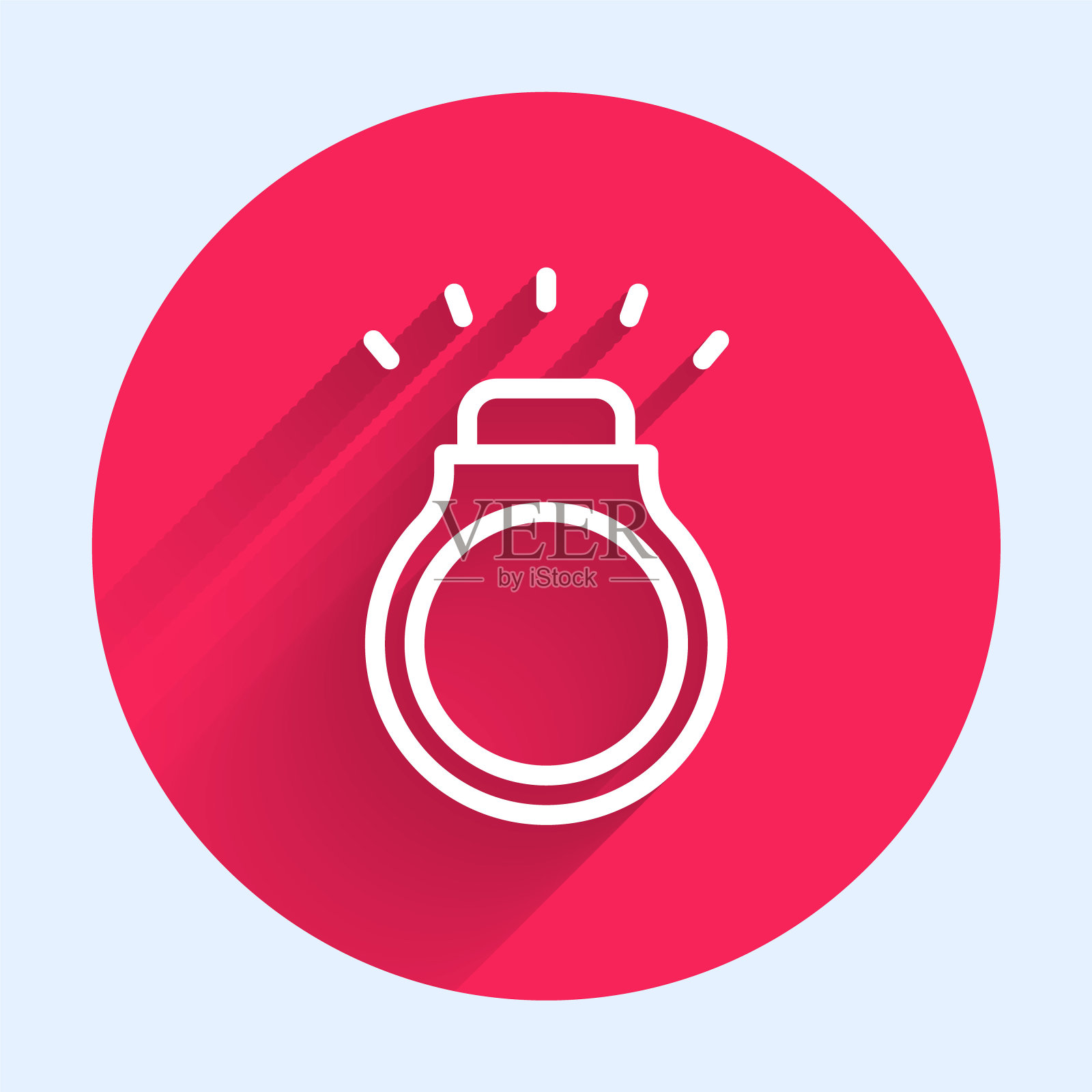 白线钻石戒指图标孤立的长阴影背景。红色圆圈按钮。向量插画图片素材