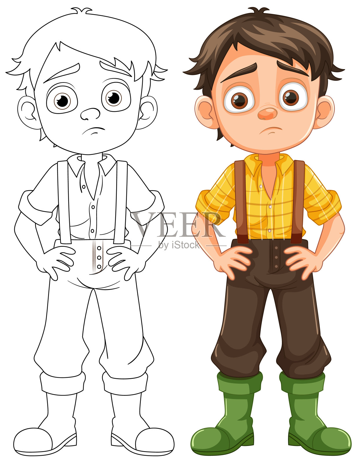 无聊悲伤的男孩穿着农民工作服卡通人物插画图片素材