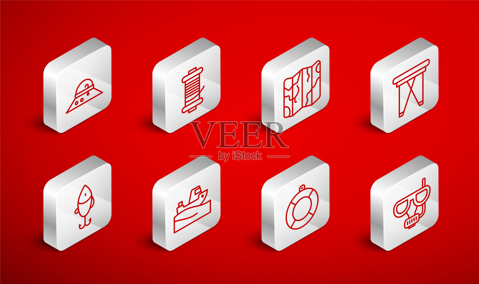 集线潜水面罩和通气管，纺纱卷轴钓鱼，折叠地图，折叠椅，救生圈，渔夫帽，渔船上的水和诱饵图标。向量插画图片素材