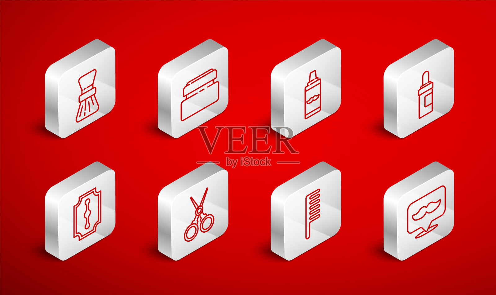 设线理发店，乳霜或乳液化妆品管，剃须啫喱泡沫，胡子和胡子护理油瓶，发刷，剪刀理发师和刀片剃须刀图标。向量插画图片素材