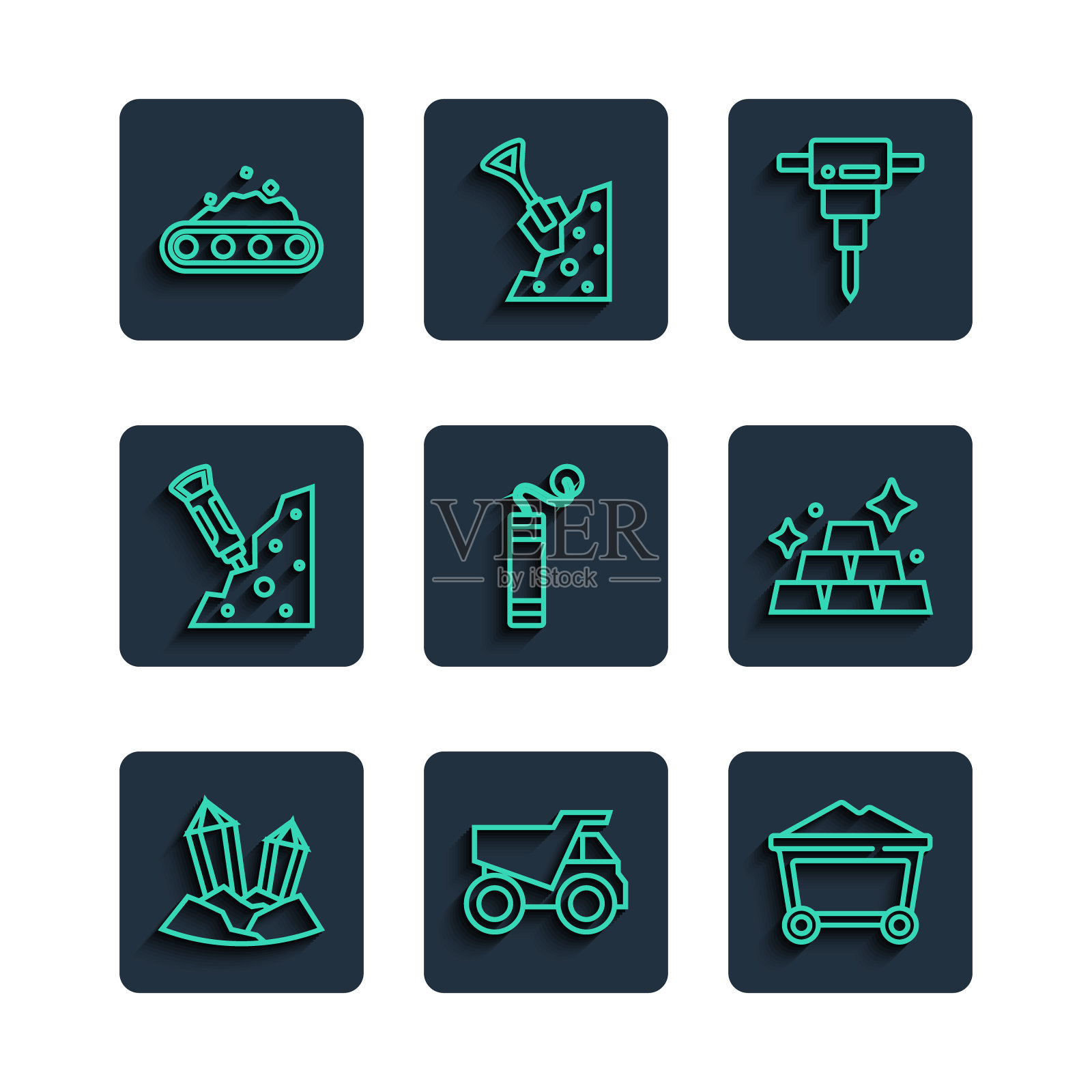 集宝石石，矿用自卸车，矿用煤小车，施工手提钻，炸药，传送带搬运，金条图标。向量插画图片素材