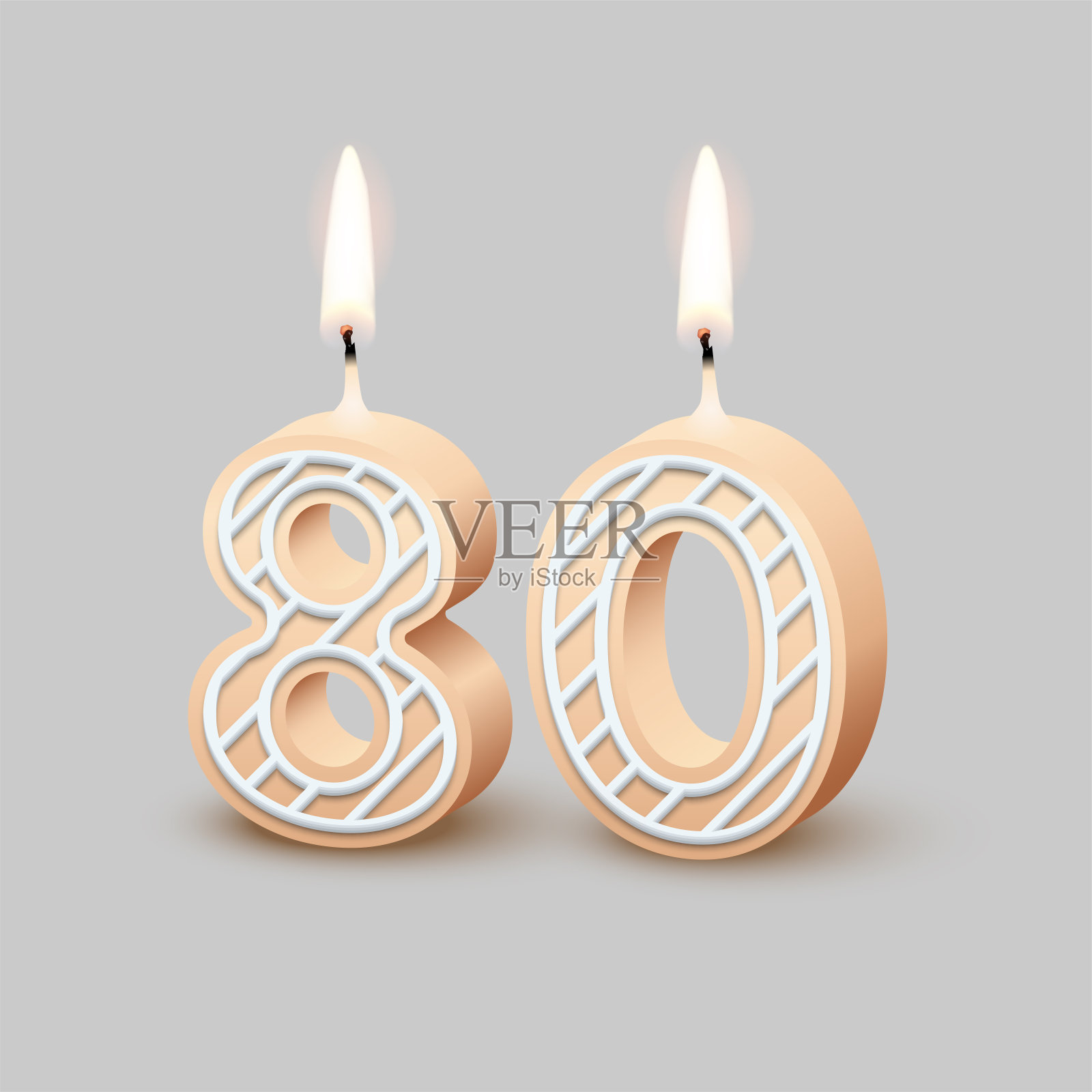生日80号，蜡烛与火矢量插图。3D米色数字80与糖衣，烛光生日或周年纪念蛋糕和快乐的聚会，邀请和贺卡设计插画图片素材