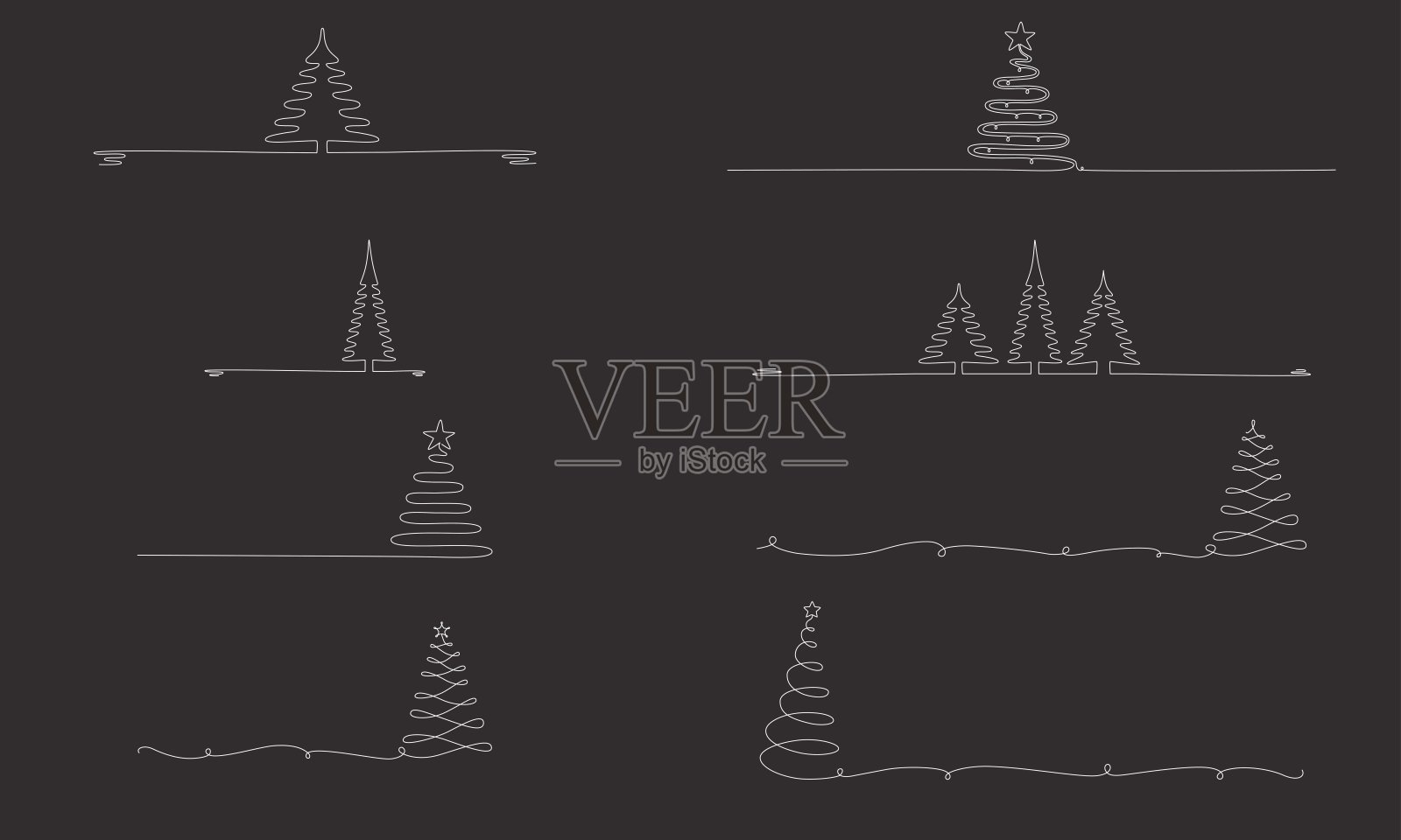 圣诞树手画一个单一的连续线集。插画图片素材