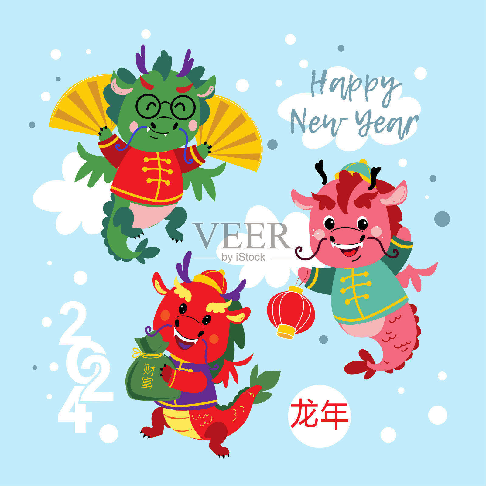 可爱的卡通龙和数字2024。卡哇伊风格的矢量插图。中国新年的象征插画图片素材