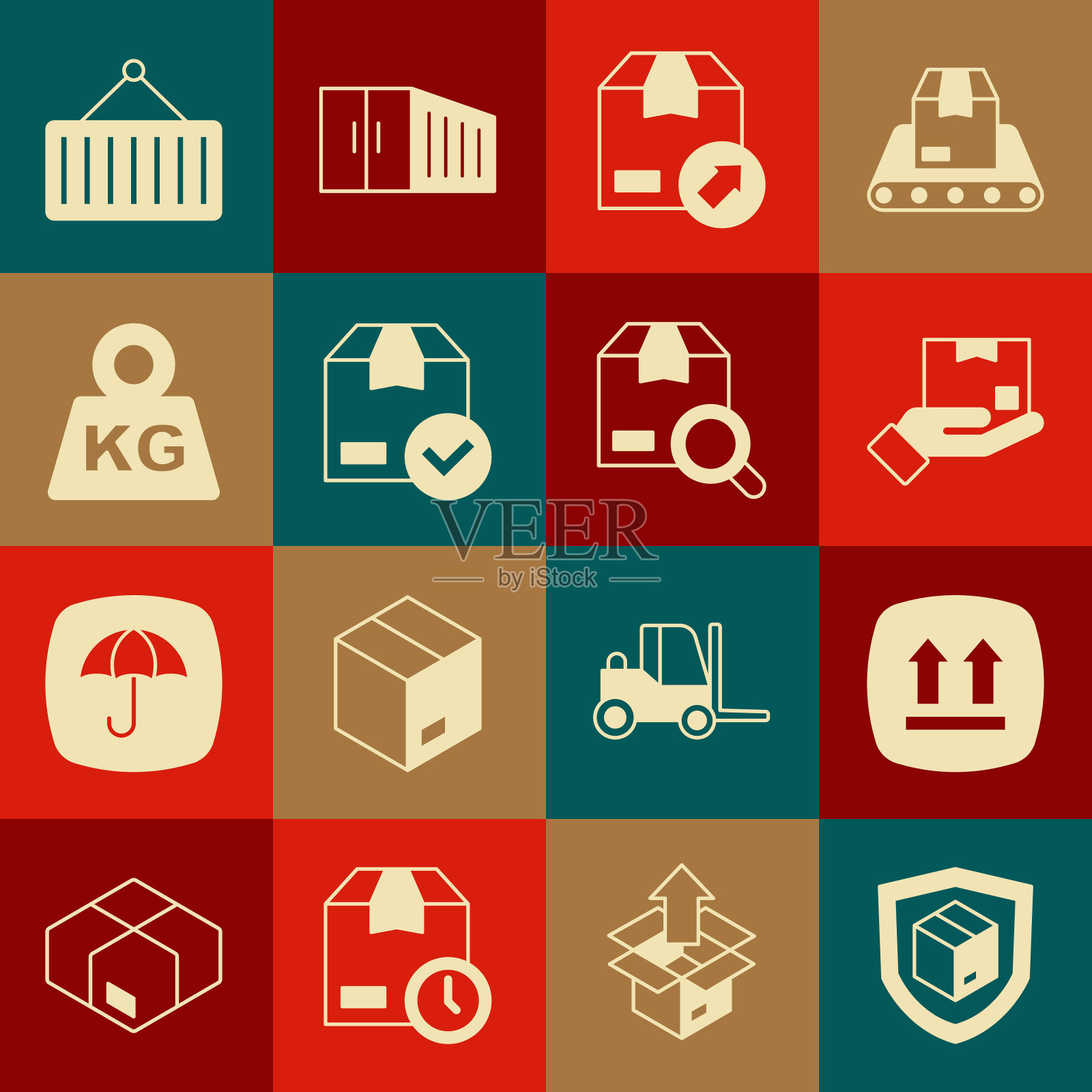 设置运输安全防护盾，此面向上，手箱，纸箱纸板，包装检查标记，重量，集装箱起重机和搜索包装图标。向量插画图片素材