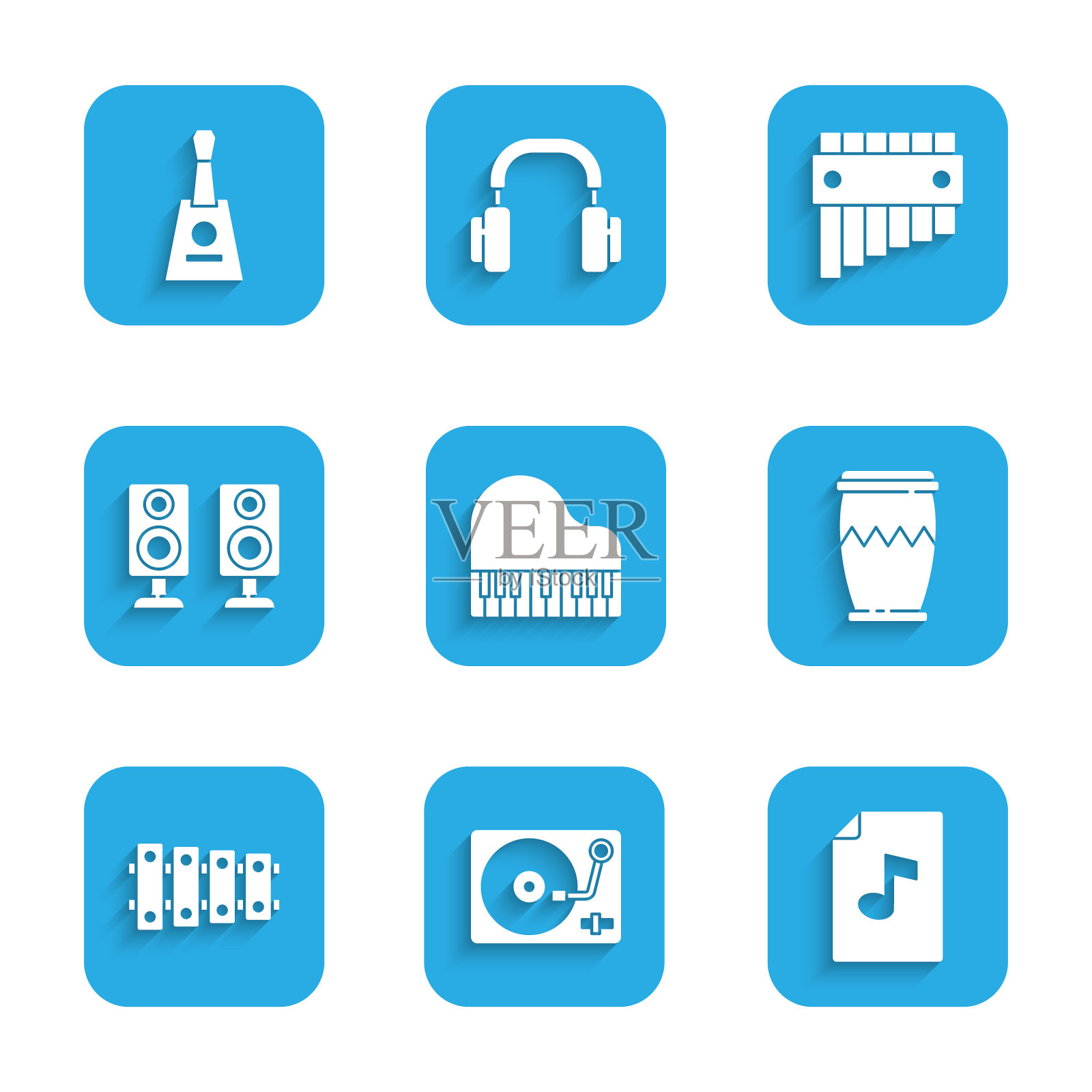 集大钢琴，黑胶播放器与黑胶磁盘，音乐书笔记，鼓，木琴，立体声扬声器，排箫和巴拉莱卡图标。向量插画图片素材