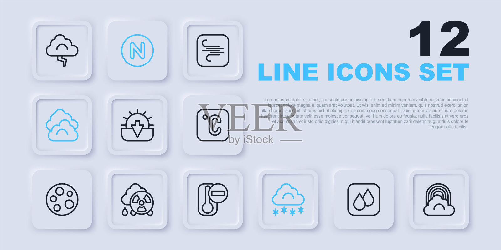 设置线水滴，彩虹与云，日落，云雪，酸雨放射性，指南针北方和温度计图标。向量插画图片素材