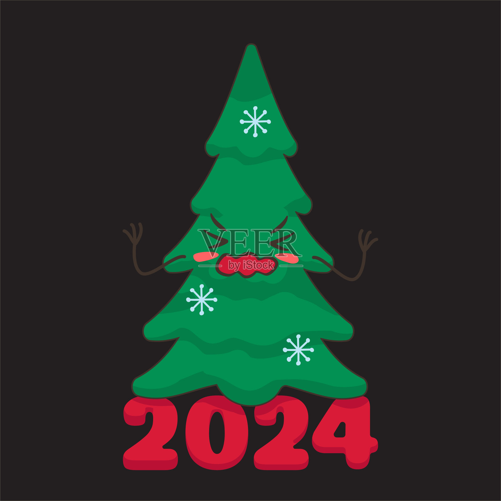 幽灵般的圣诞树在黑色的背景。圣诞卡通人物。贺卡矢量插图。恐怖圣诞节的概念。新年晚会快乐。插画图片素材