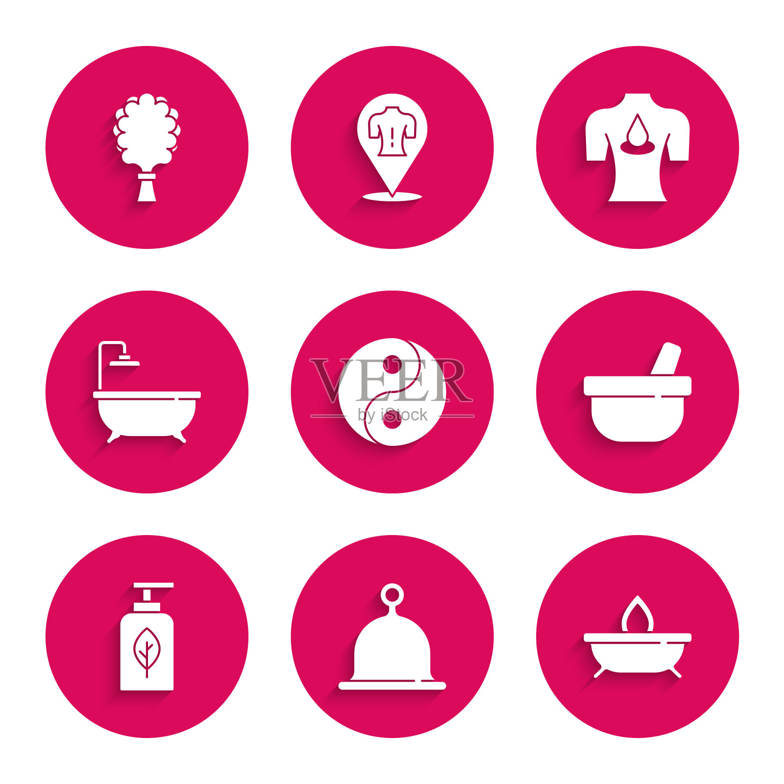 集阴阳，桑拿帽，香薰蜡烛，研钵杵，精油瓶，浴缸，按摩与香薰油和扫帚图标。向量插画图片素材