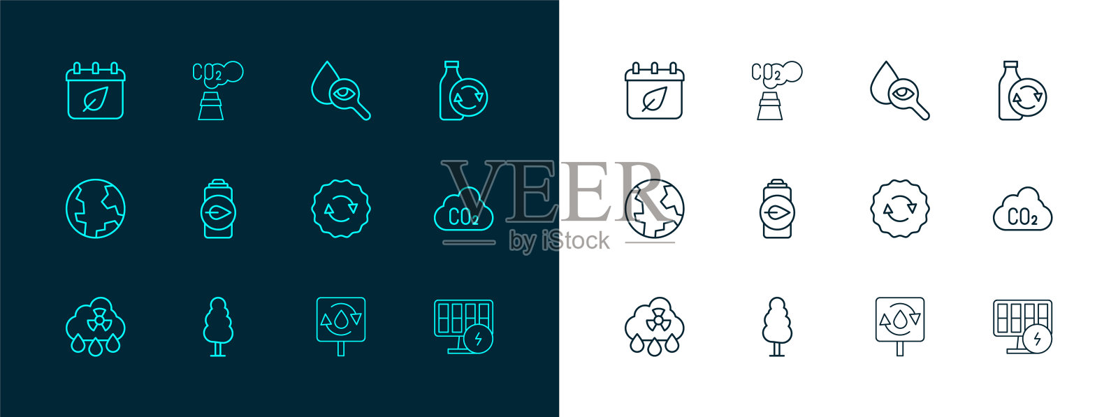 设置线回收塑料瓶，树，回收标志，清洁水，生态自然叶电池，下降和放大镜，日历与秋叶和二氧化碳排放云图标。向量插画图片素材
