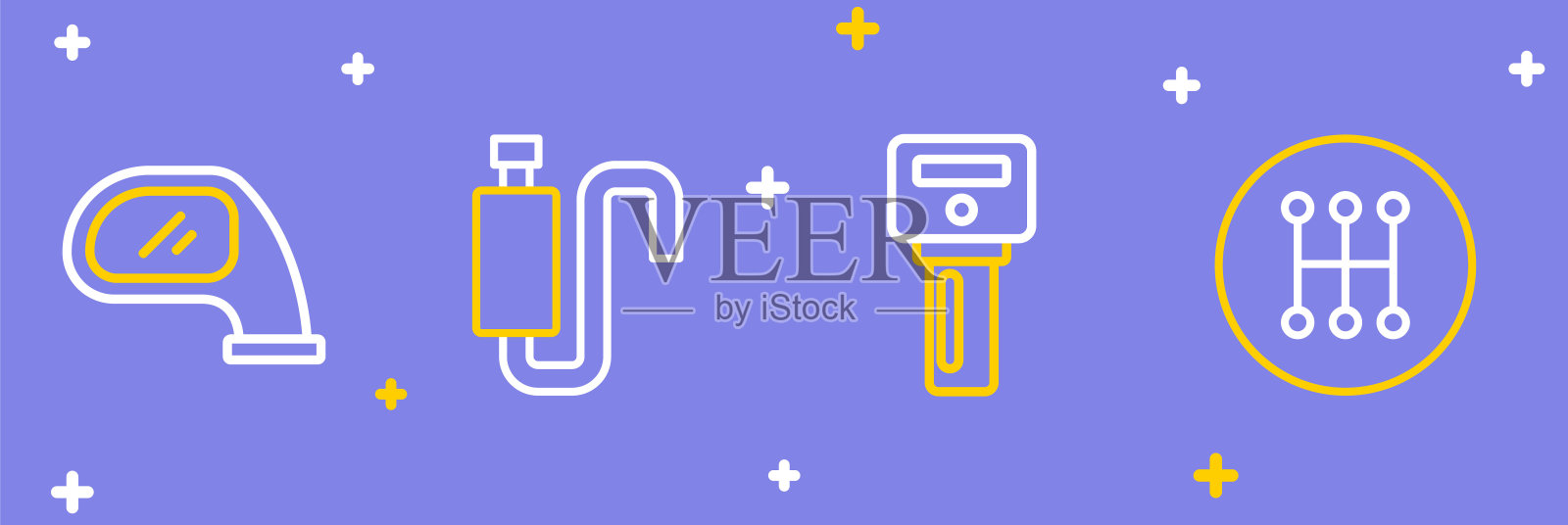 设定线路变速杆，带遥控的车钥匙，消声器和后视镜图标。向量插画图片素材