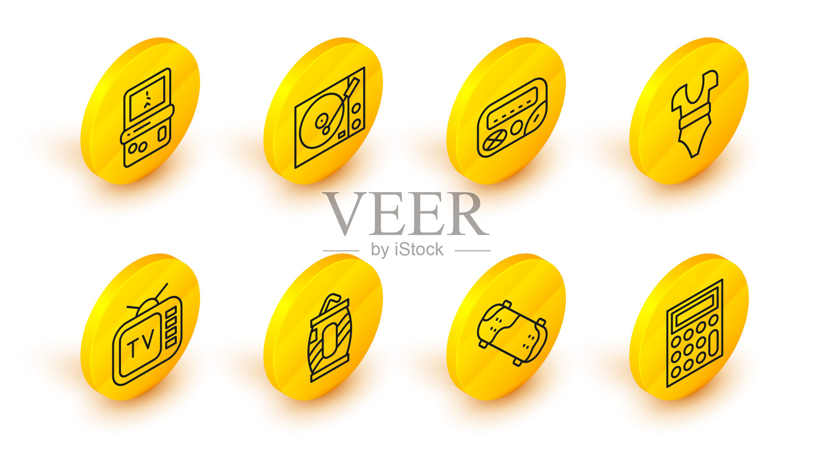 设置线计算器，滑板技巧，汽水罐与吸管，复古电视，泳衣，寻呼机，乙烯基播放器和俄罗斯方块图标。向量插画图片素材