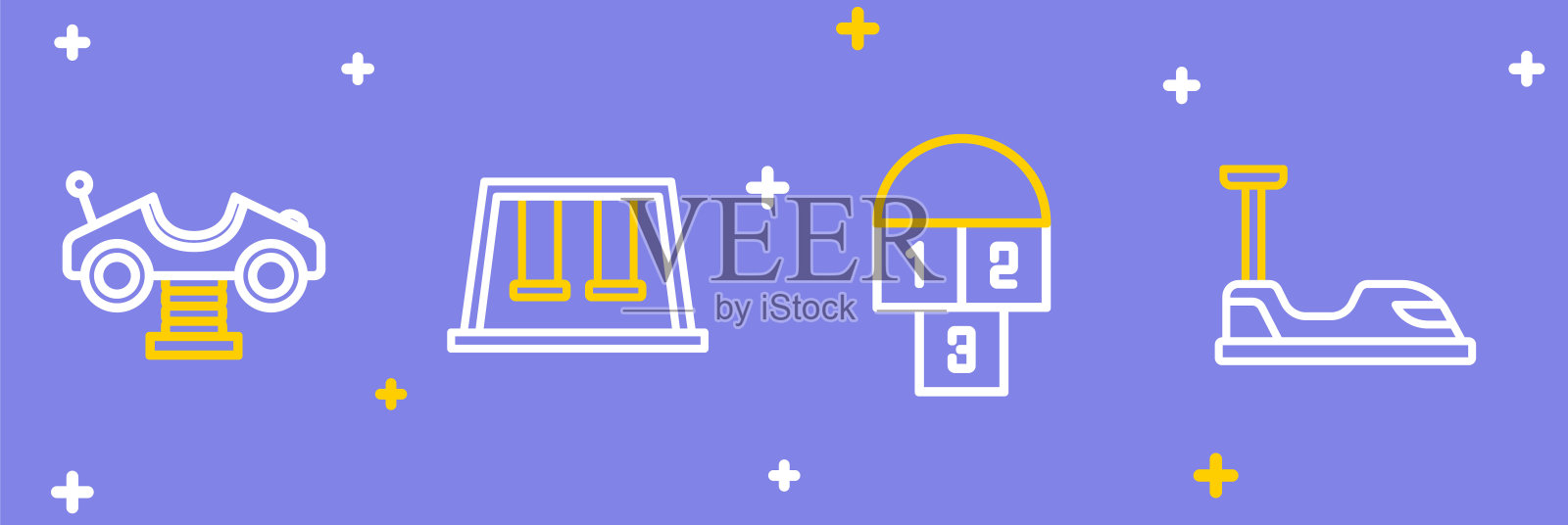 设置线碰碰车，跳房子，秋千的孩子和图标。向量插画图片素材