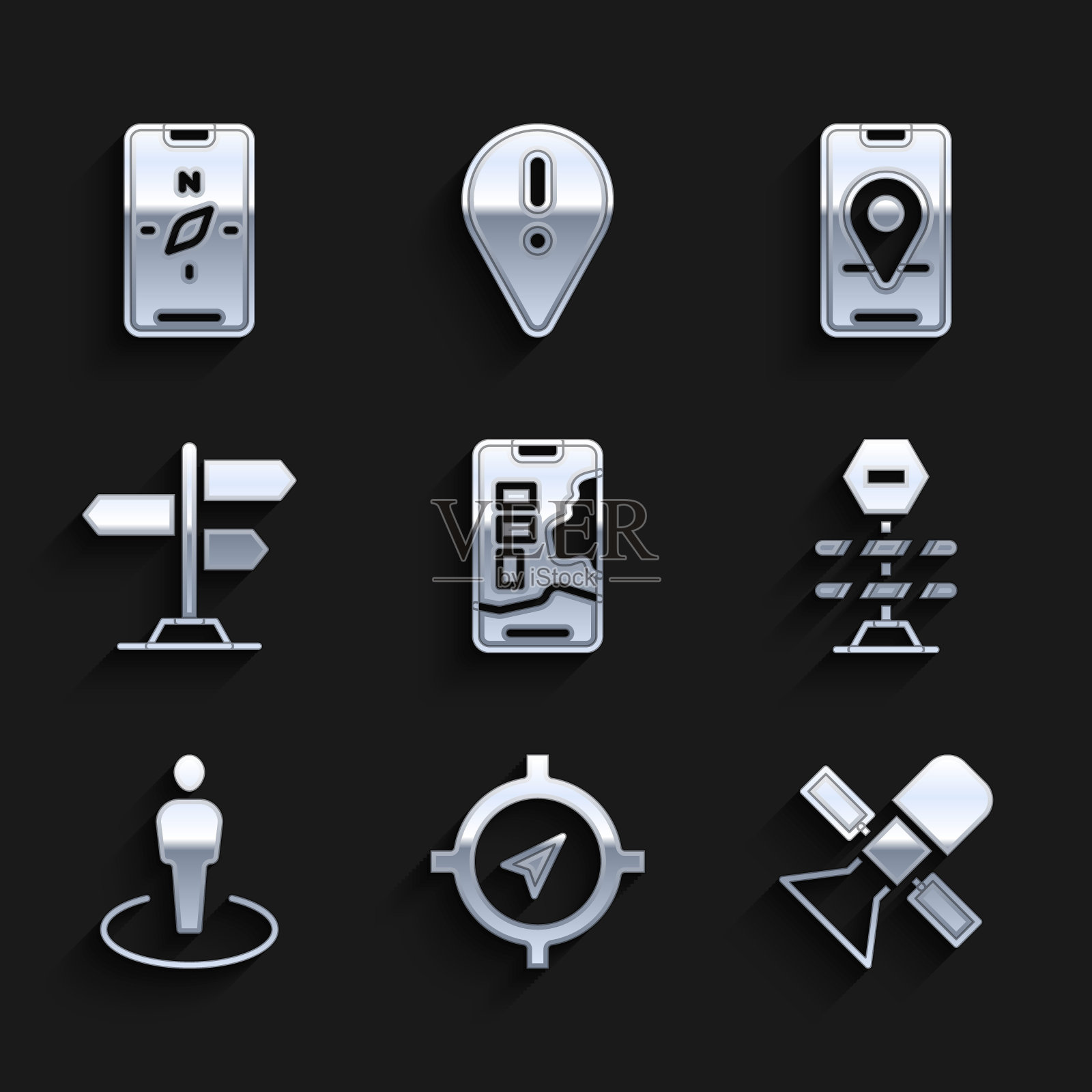 设置城市地图导航，指南针，卫星，道路障碍，位置与人，交通标志，和移动图标。向量插画图片素材