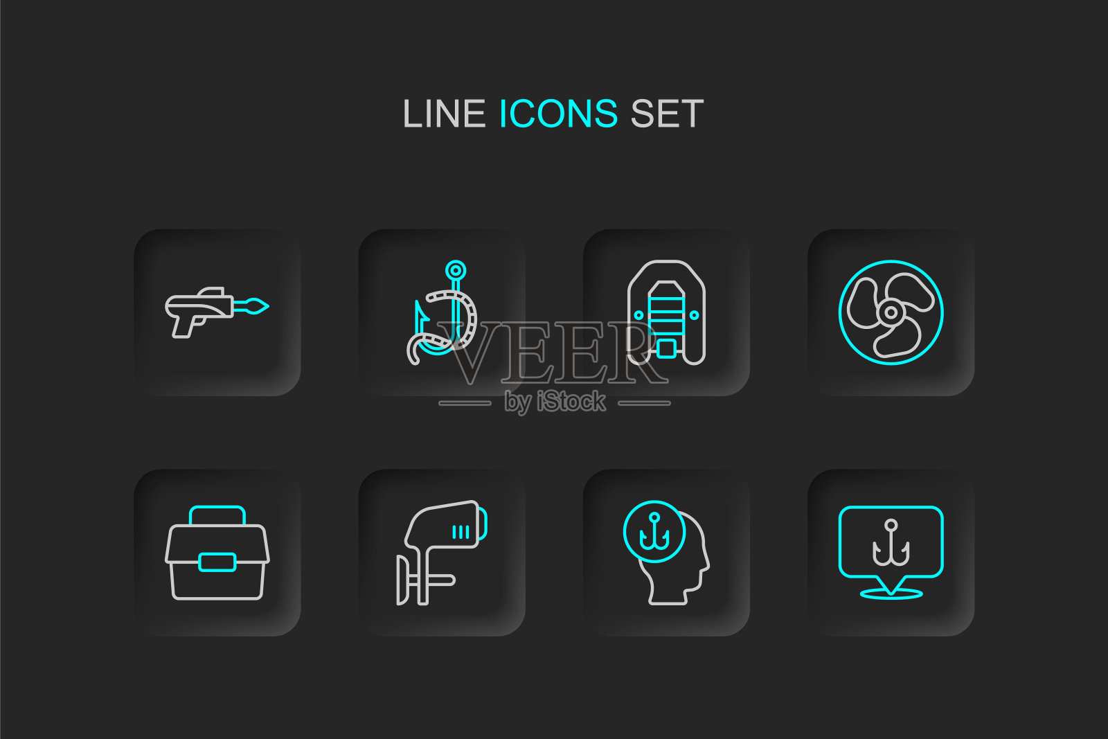 钓鱼钩，野营折叠椅，船外马达，钓鱼箱，充气带，蠕虫和图标。向量插画图片素材