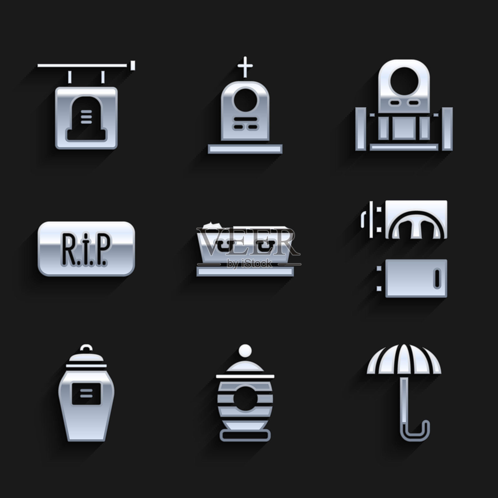设置棺材与死者，葬礼骨灰盒，伞，火葬场，演讲泡沫撕裂死亡，坟墓墓碑和招牌图标。向量插画图片素材
