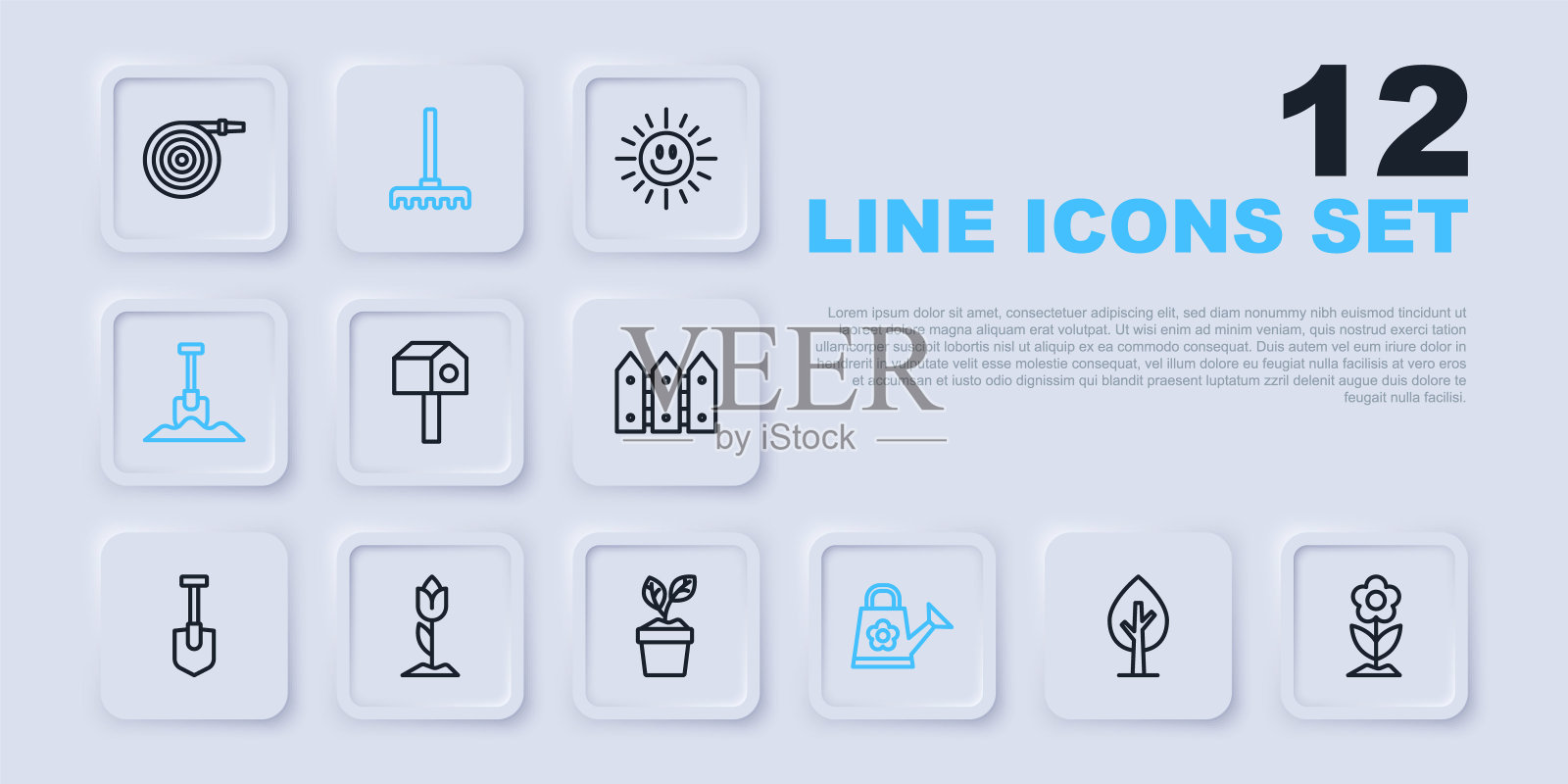 设线树，花，鸟的房子，浇水罐，铲子，郁金香，花园耙和盆栽图标。向量插画图片素材